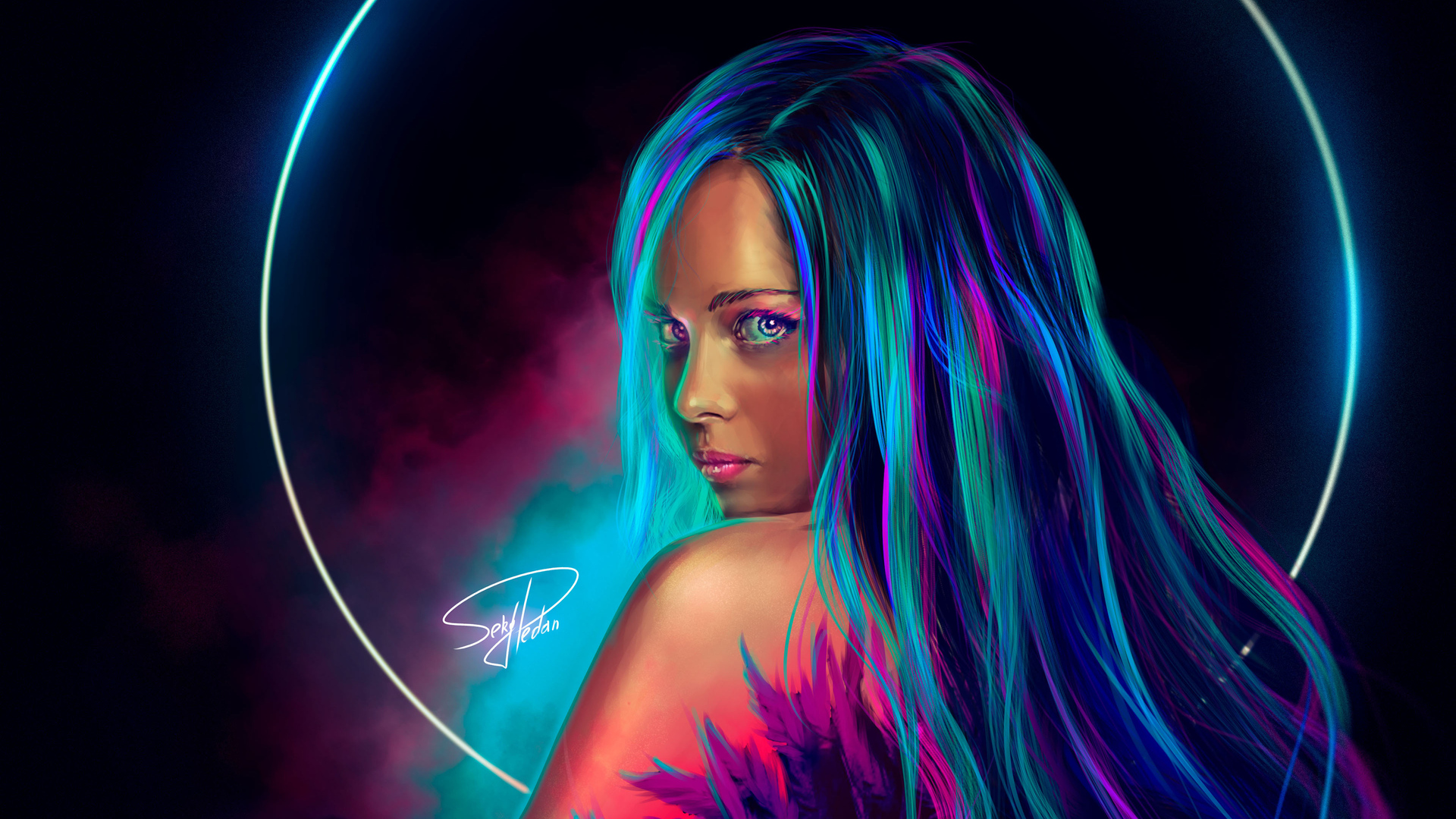 A digital painting of a woman with long hair and a tattoo on her shoulder. - Neon, neon blue