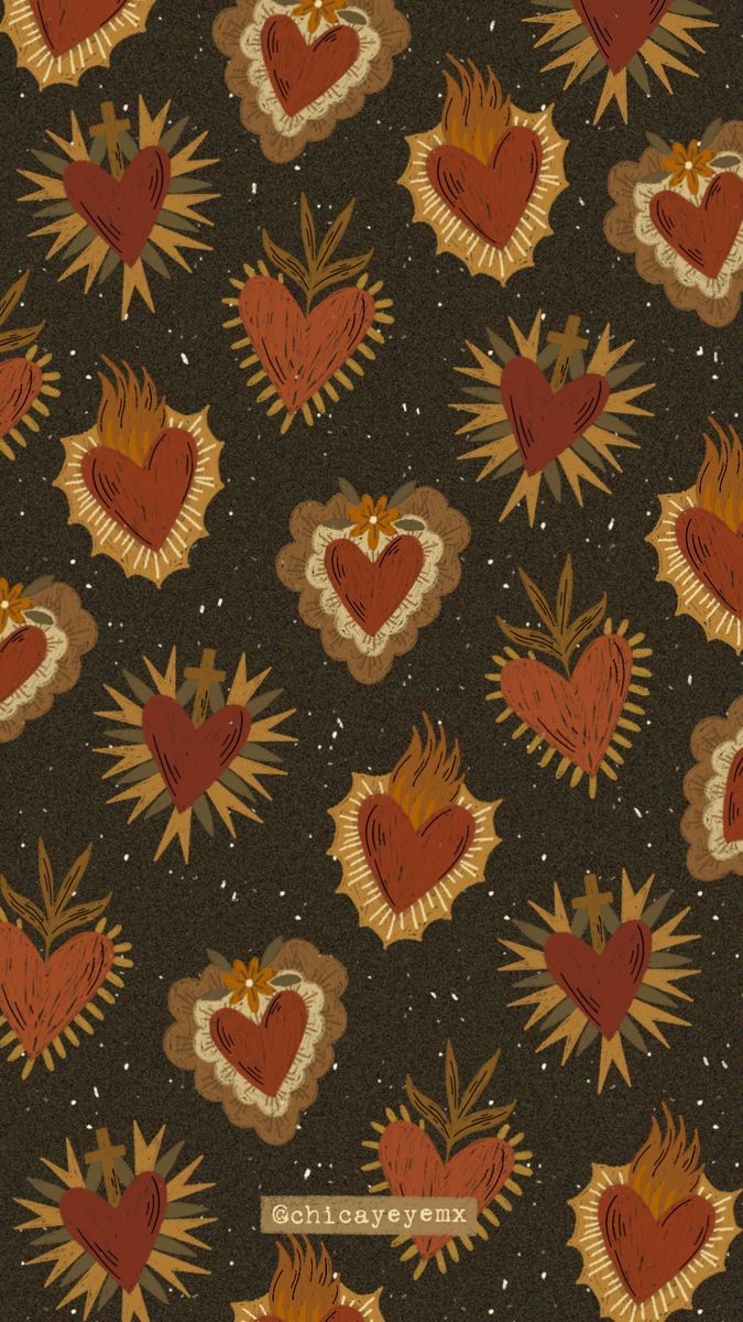 A brown background with red and orange hearts with flames on them - Mexico