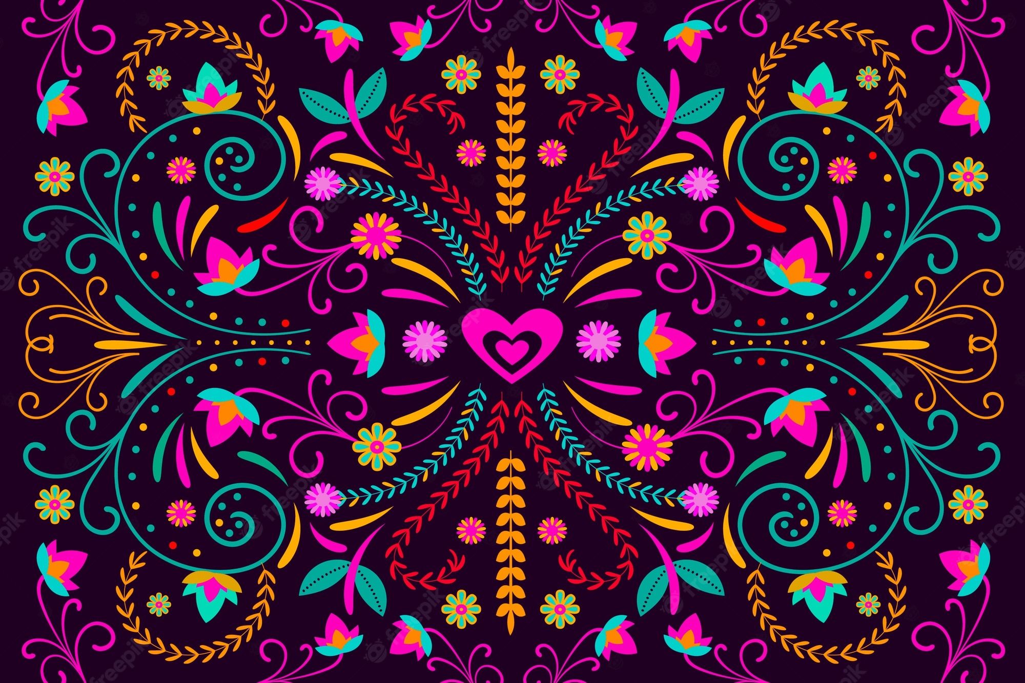 Mexican colorful traditional pattern with flowers and hearts. - Mexico