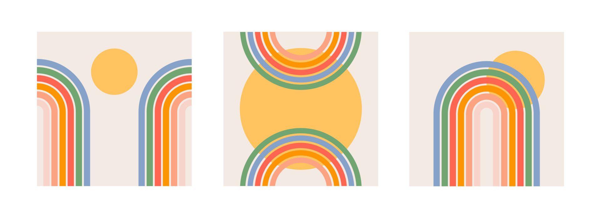 Three different colored rainbow designs on a white background - Rainbows