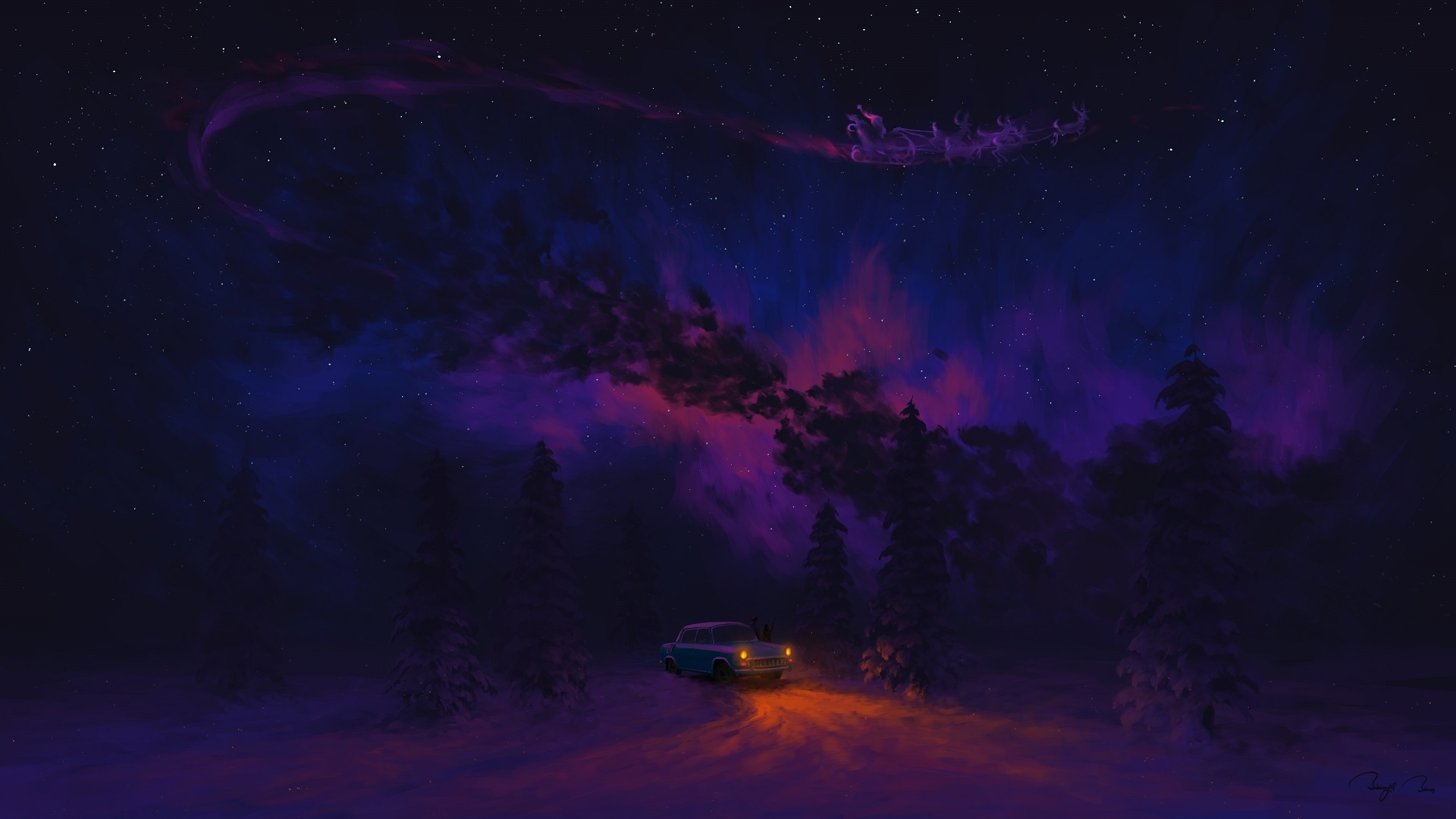 A painting of an old truck in the woods - Night