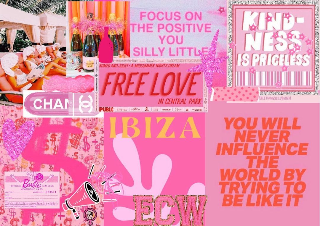 A collage of pink and white images including a bottle, a girl laying on a couch, a handbag, and a sign that says 