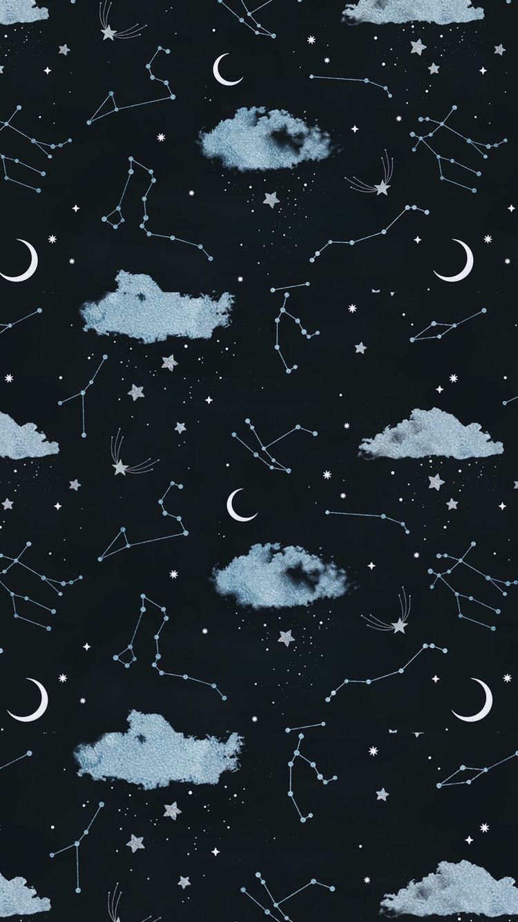 A pattern of stars, clouds and planets on black background - Night, moon, sky