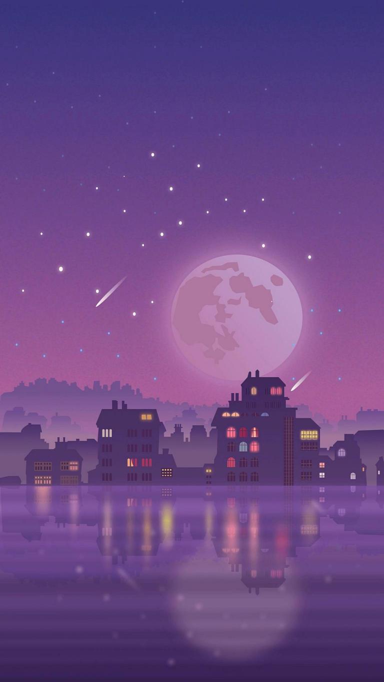 A purple sky with stars and buildings - Night