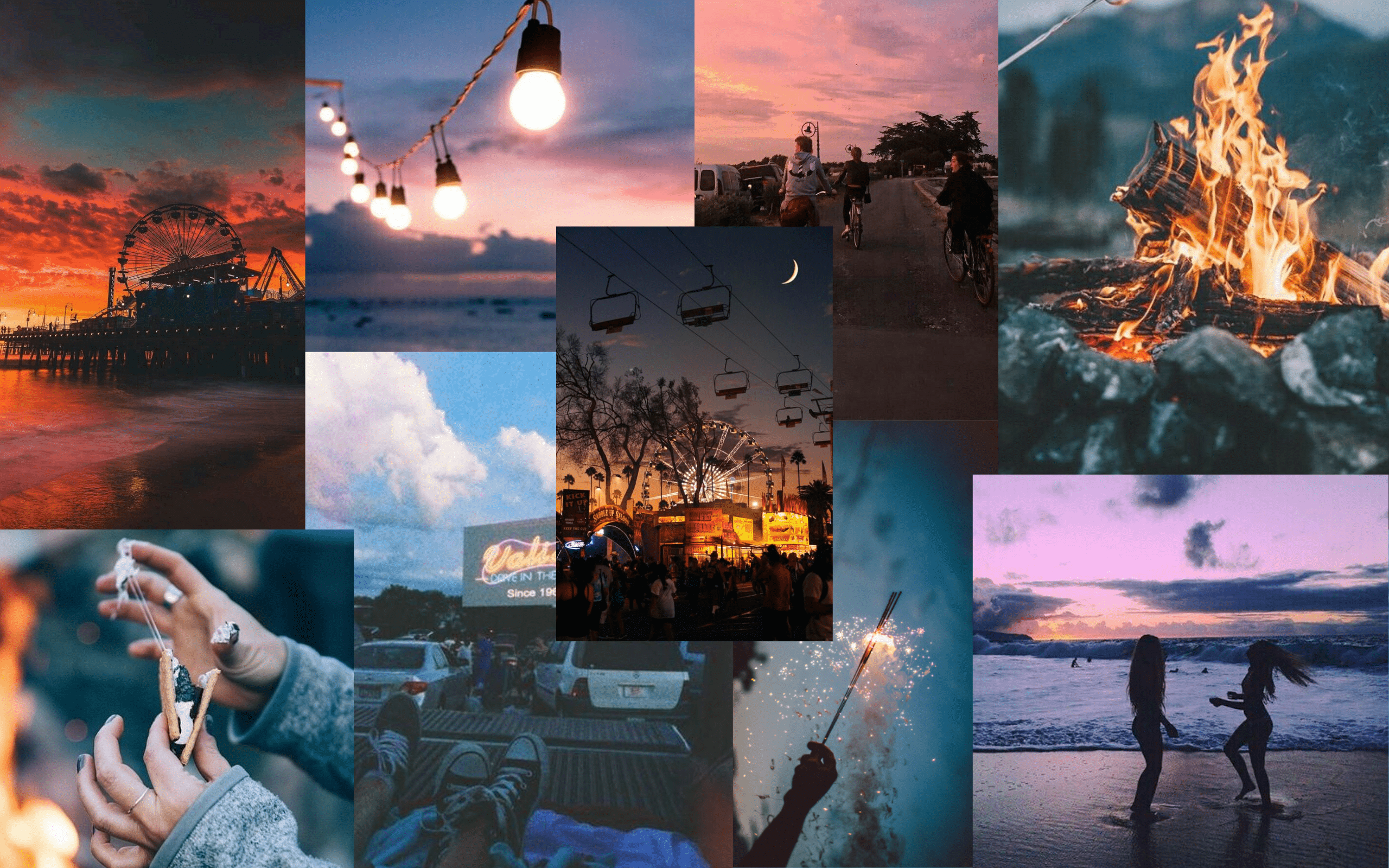 A collage of pictures with fireworks and people - Night