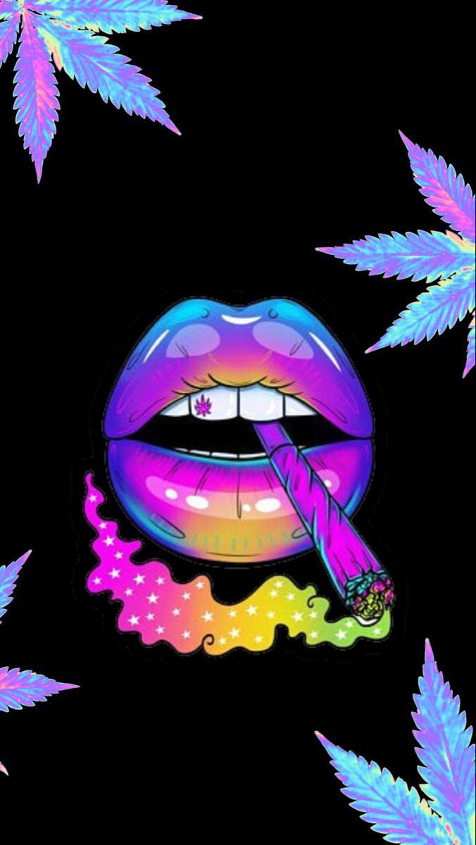 A colorful lips with marijuana leaves and smoke - Weed