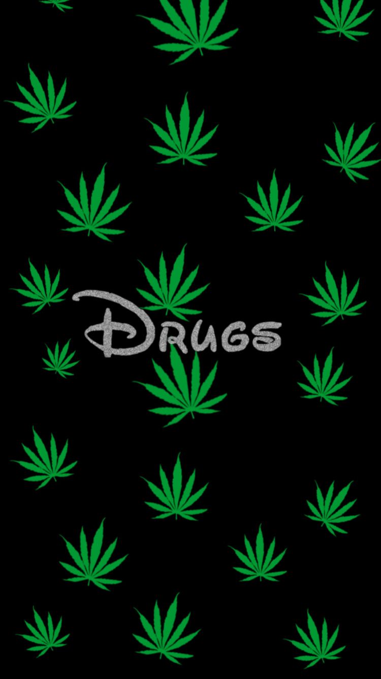 A green marijuana leaf is on top of the word drugs - Weed