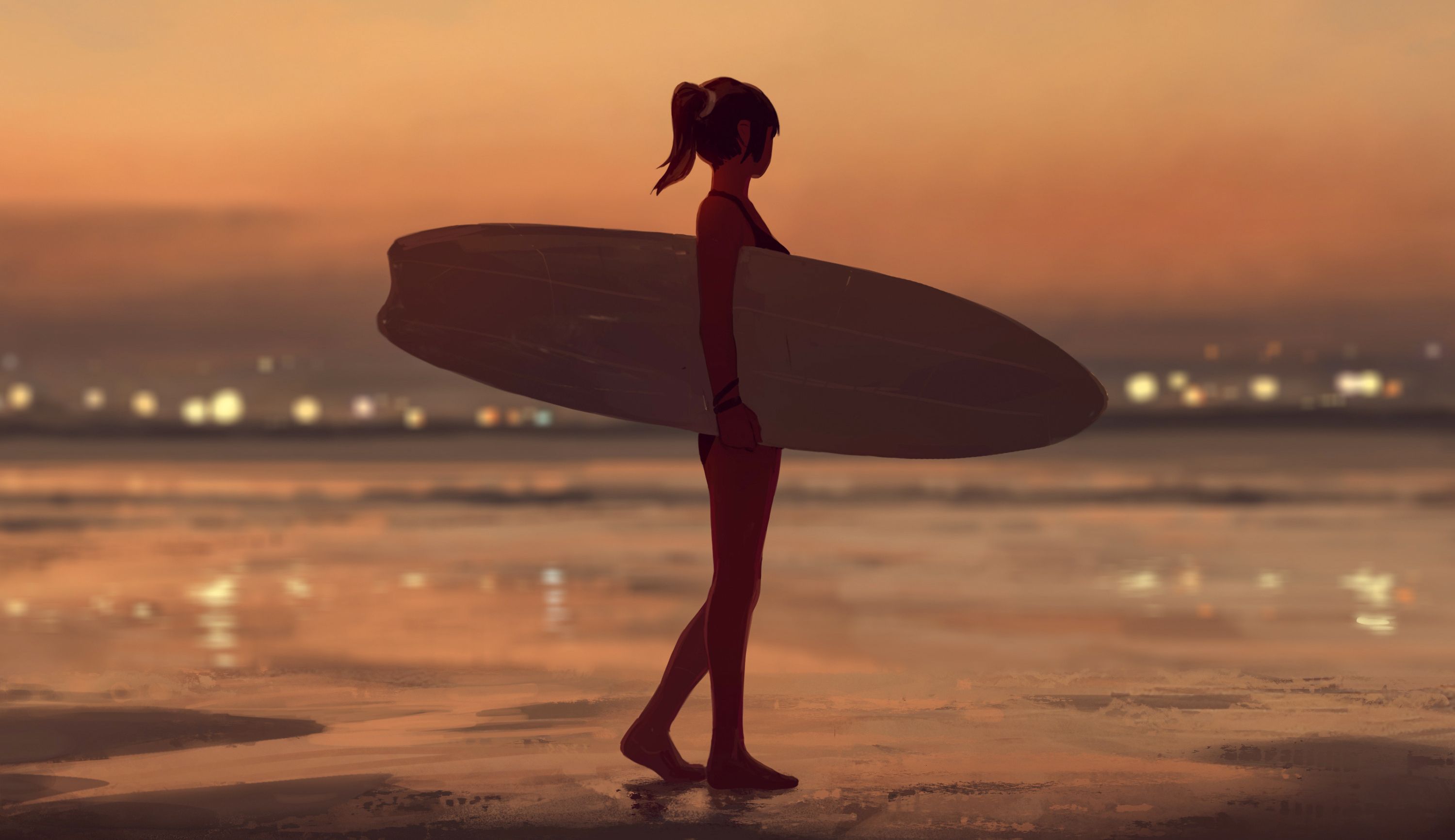 A woman with a surfboard on the beach - Surf