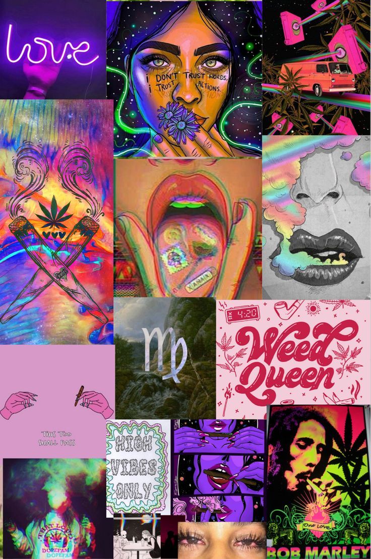 A collage of various images with different colors - Weed, trippy
