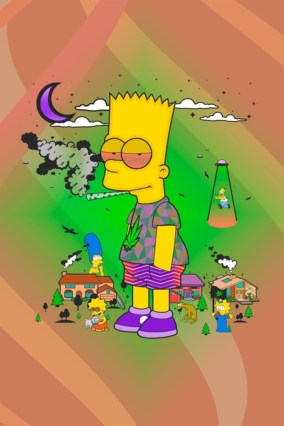 A digital drawing of Bart Simpson with a rainbow gradient background - Weed