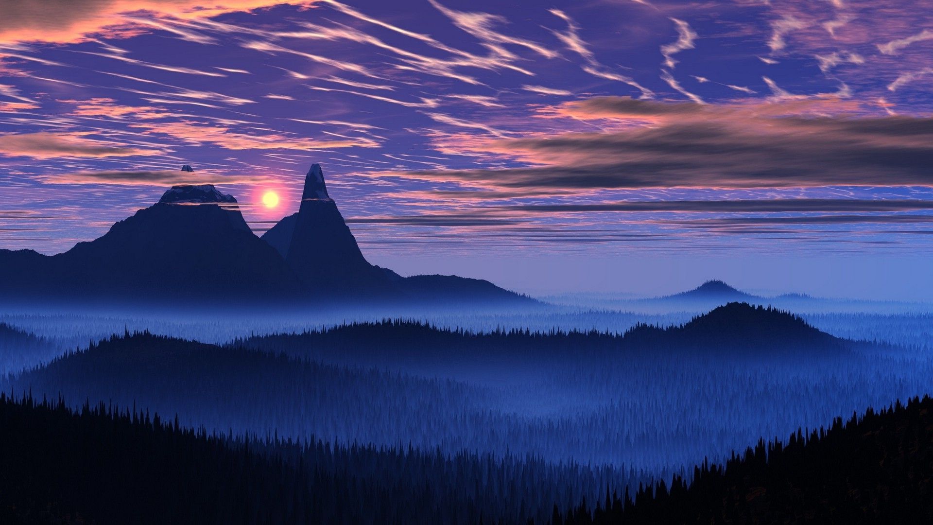 A mountain range with trees and clouds - Landscape