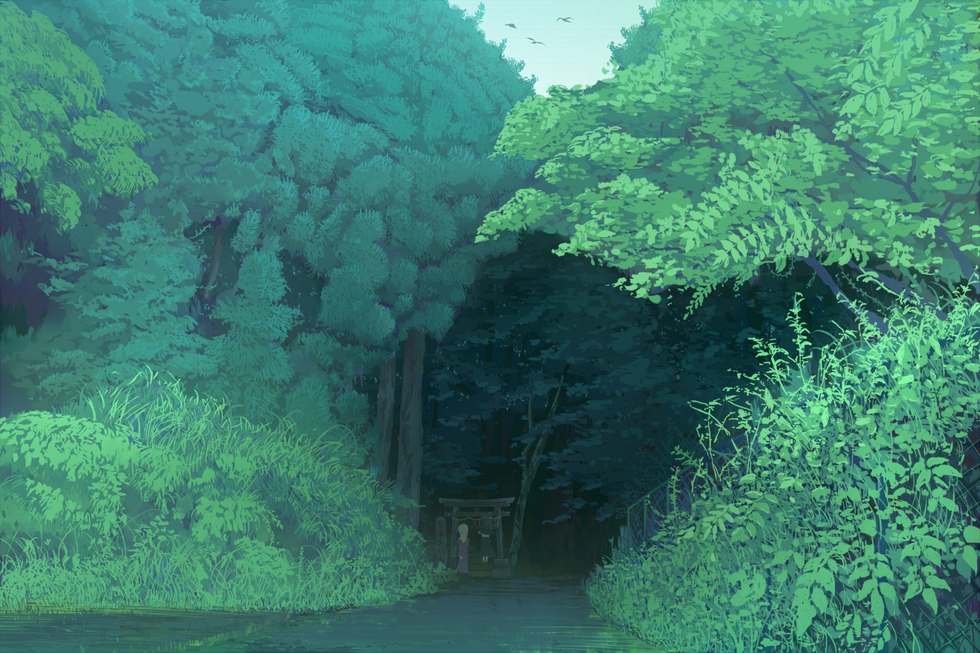 A painting of a small torii gate in a forest. - Nature, landscape