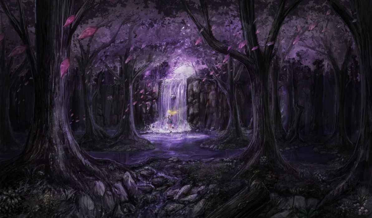 A purple forest with waterfall and trees - Landscape