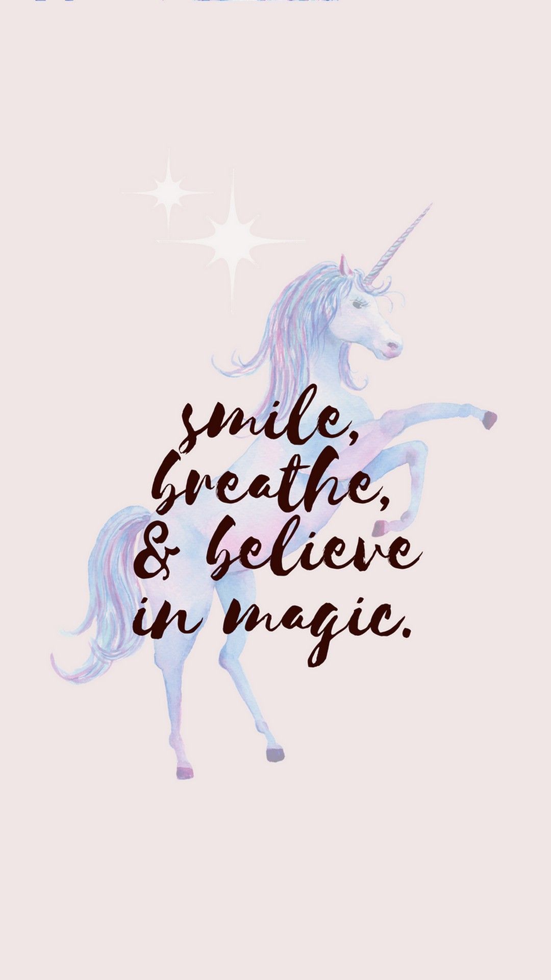 A poster with the words smile, breathe and believe in magic - Unicorn