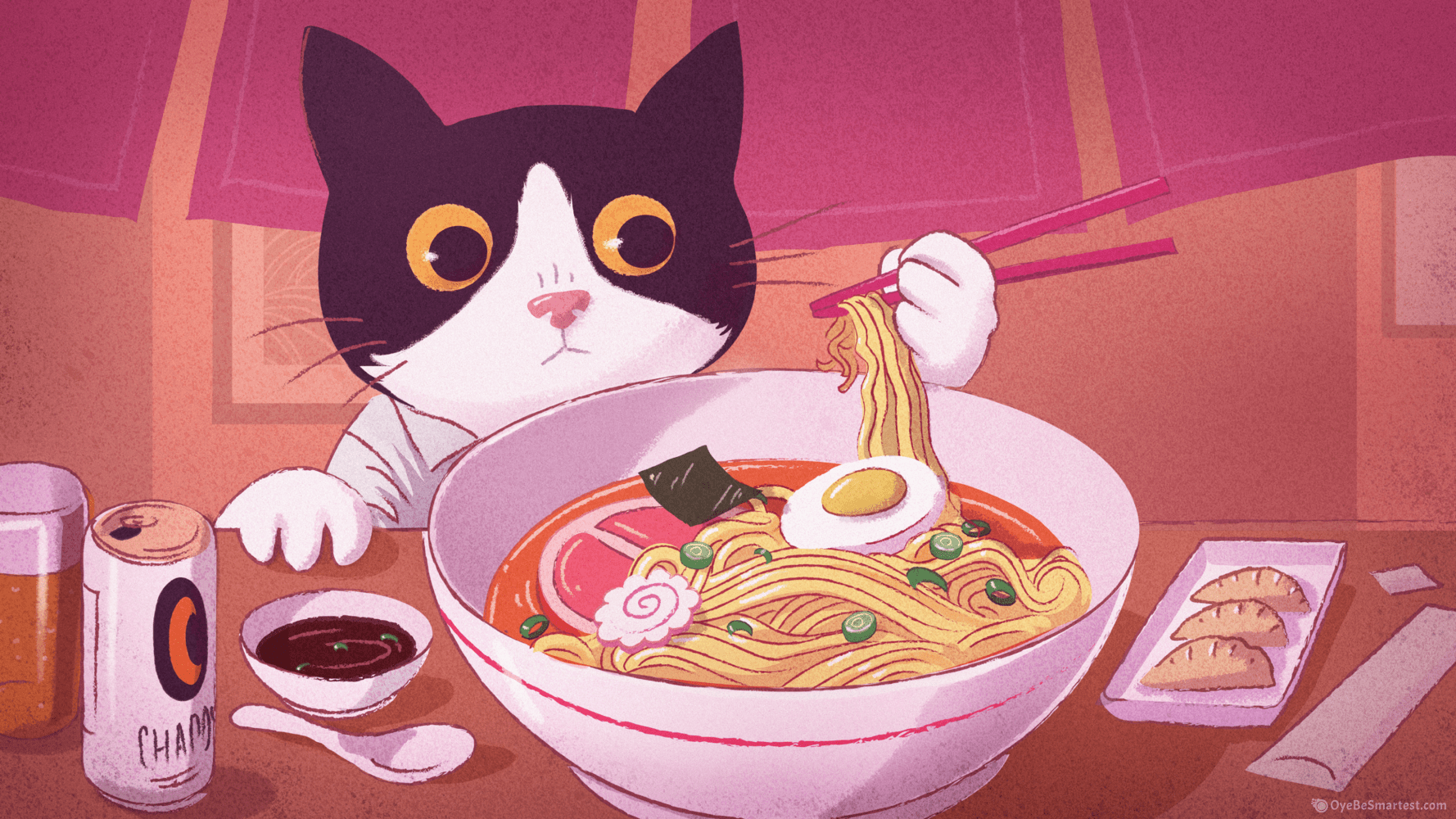 A cat is eating noodles and eggs - Ramen