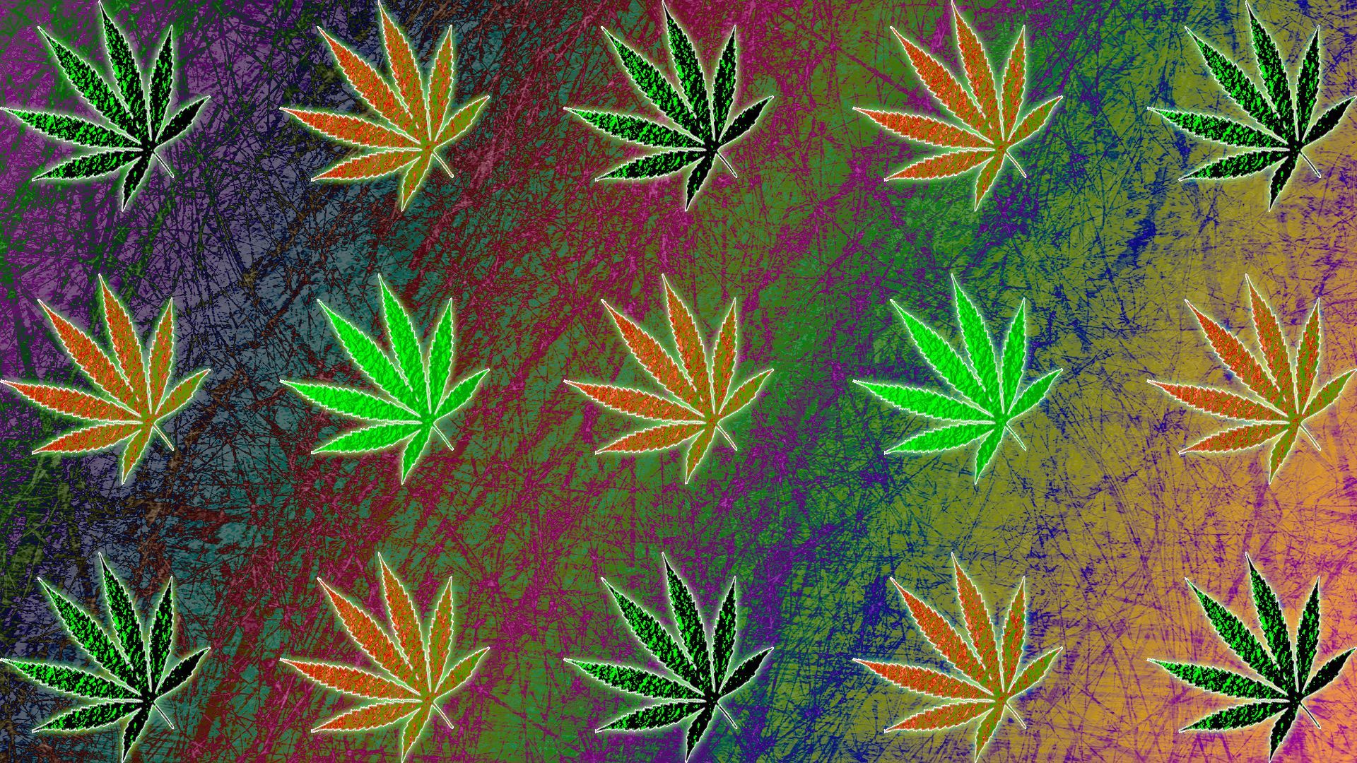 A pattern of green, orange, and purple cannabis leaves on a marbled background. - Weed