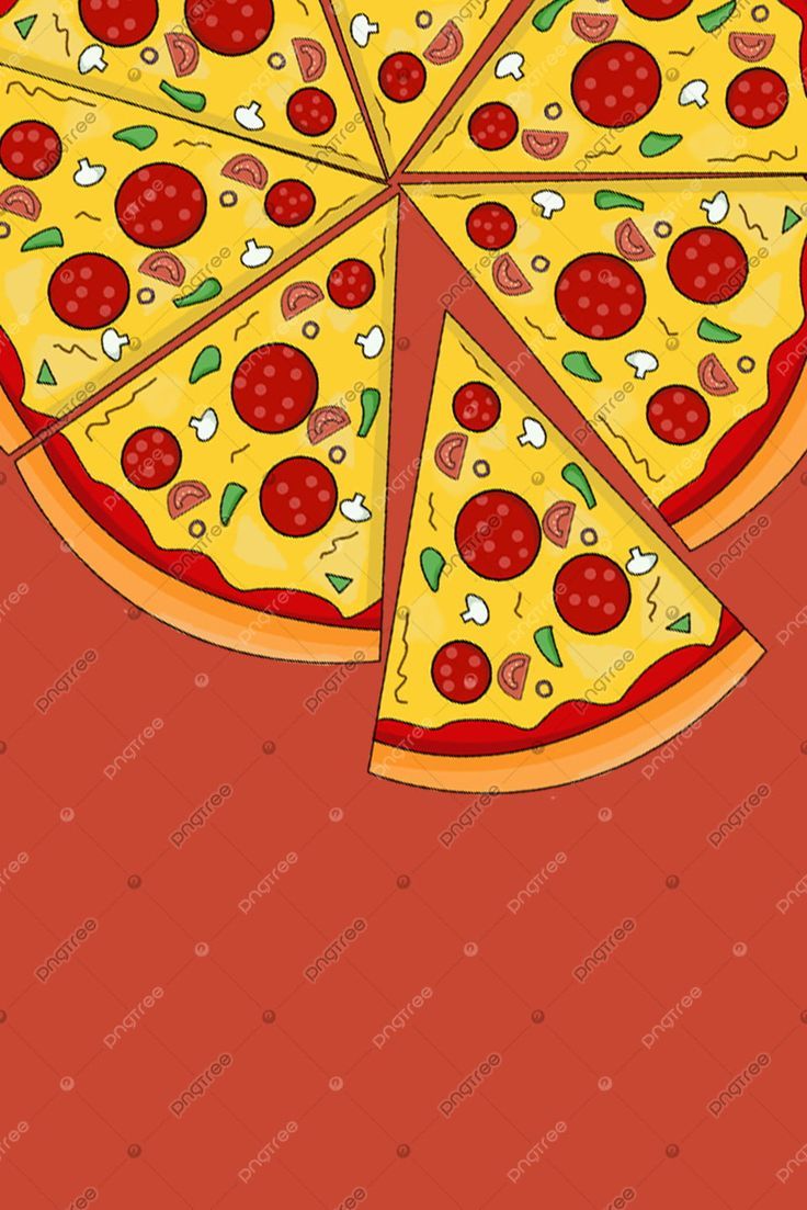 Hand drawn illustration of a pizza with different toppings on a red background - Pizza