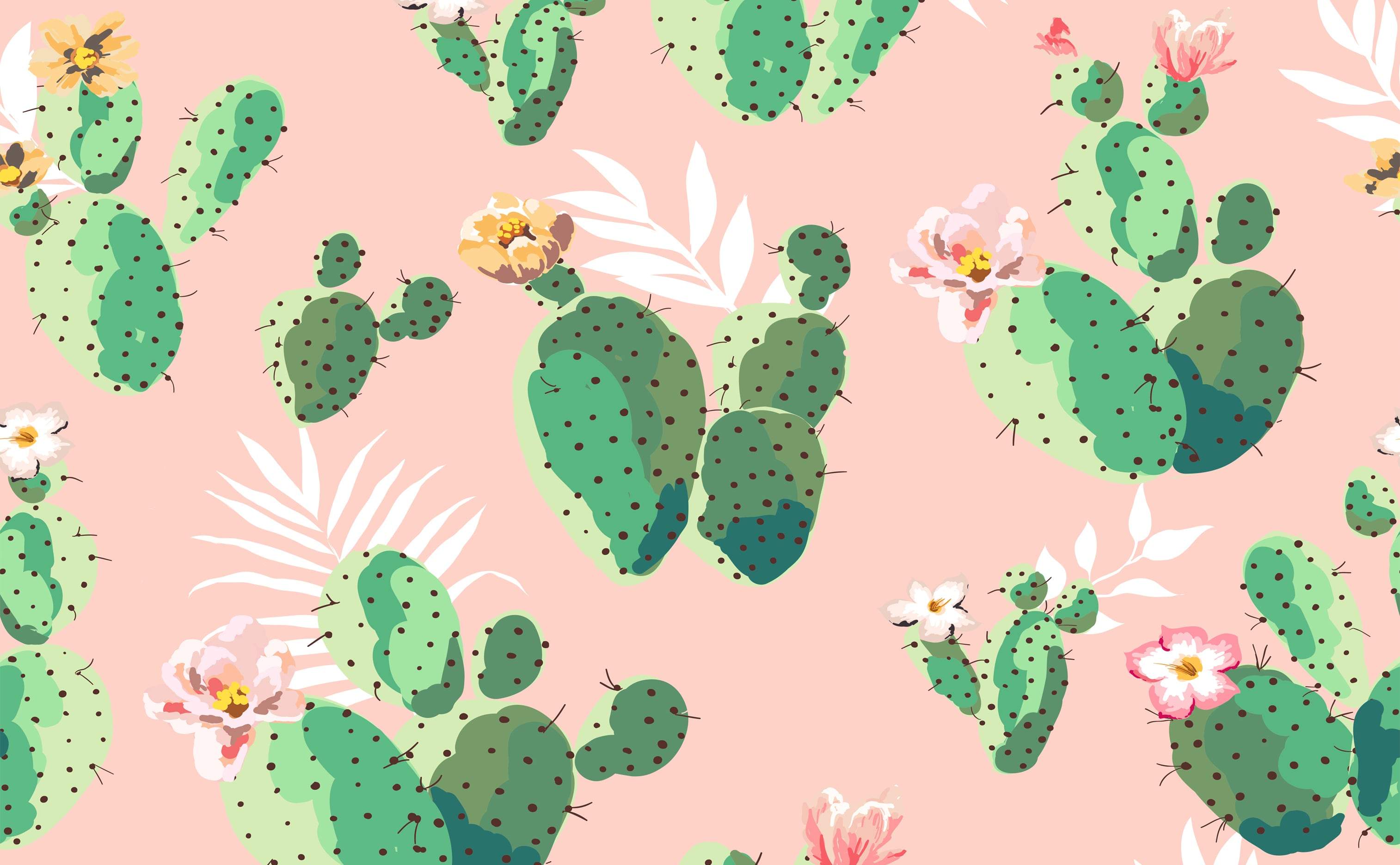 A pink background with green cacti and pink flowers - Cactus