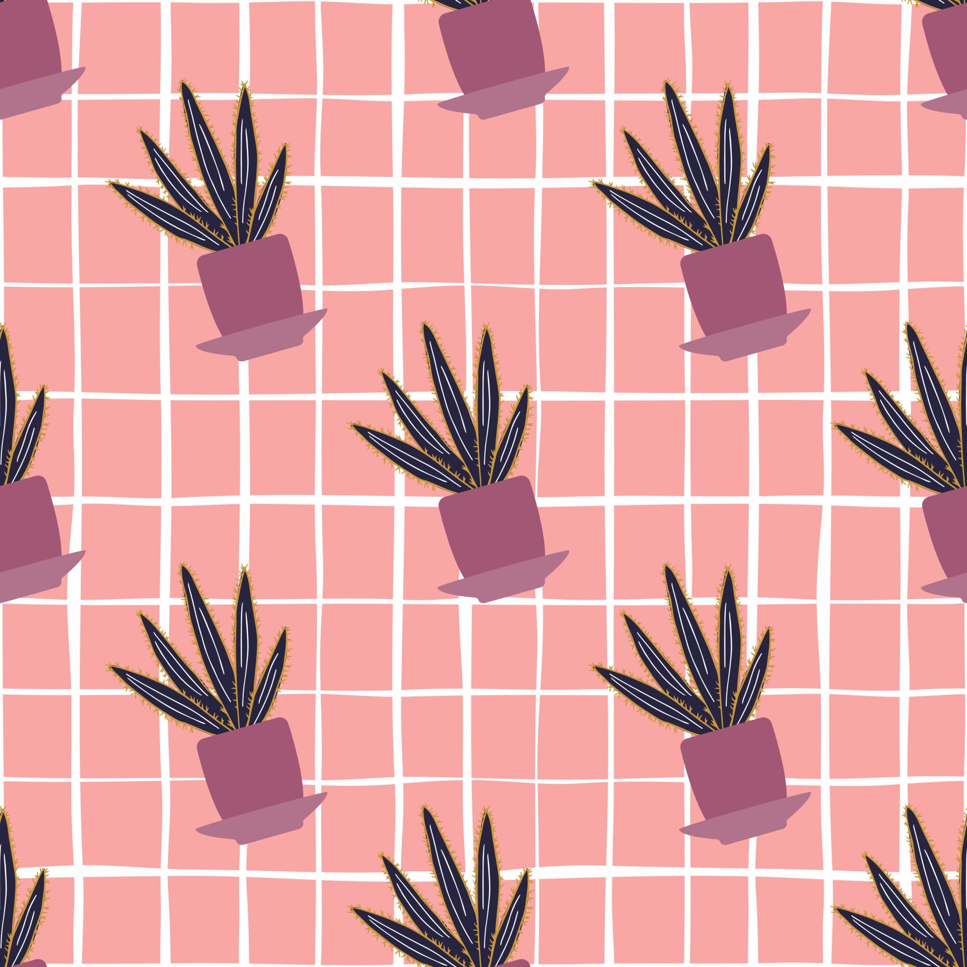 Aloe cactus in pot seamless pattern on pink stripes background. Houseplant cacti wallpaper