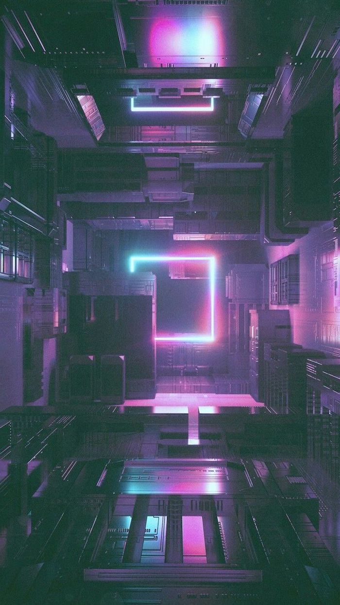 Pink and blue neon lights, in the middle of a building, cool phone backgrounds, dark purple background - VHS