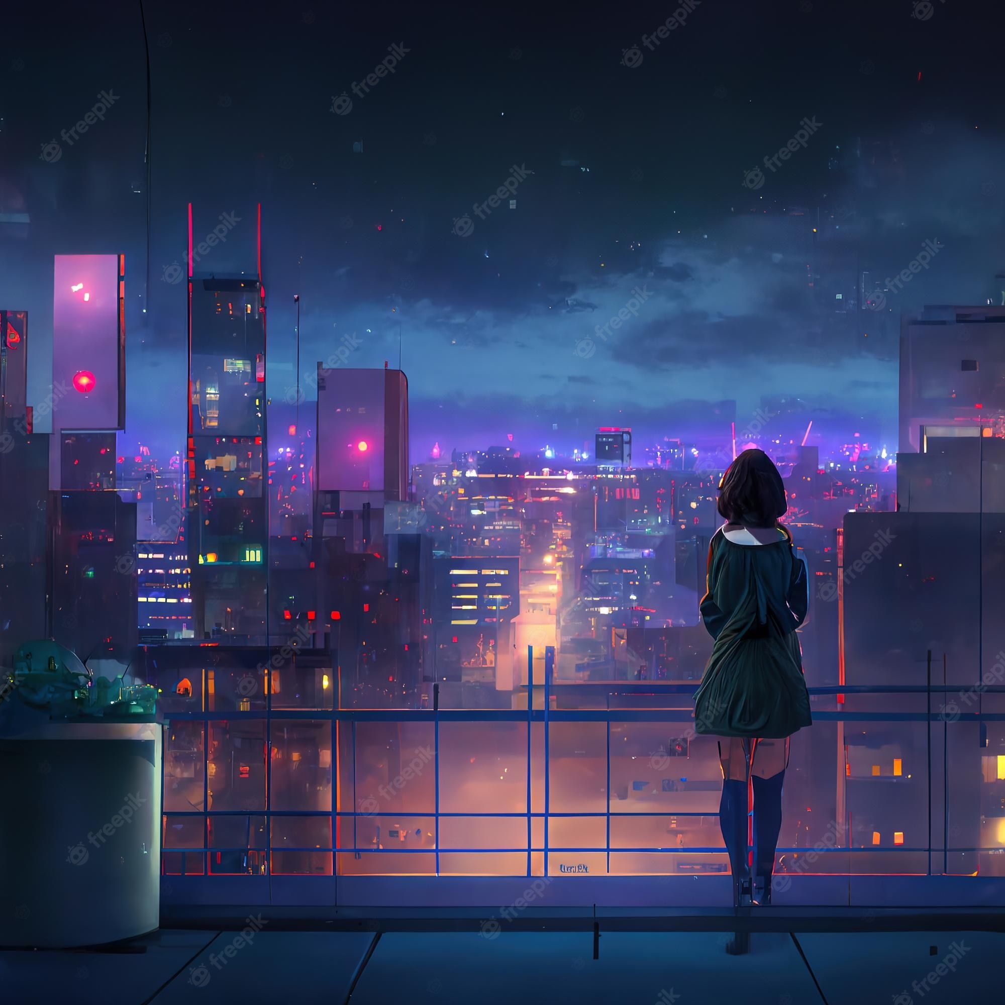 Digital illustration of a girl standing on a balcony looking out over a city at night - Lo fi