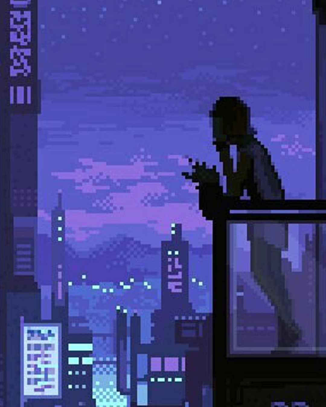 Pixel art of a person looking at a phone on a balcony at night - Lo fi