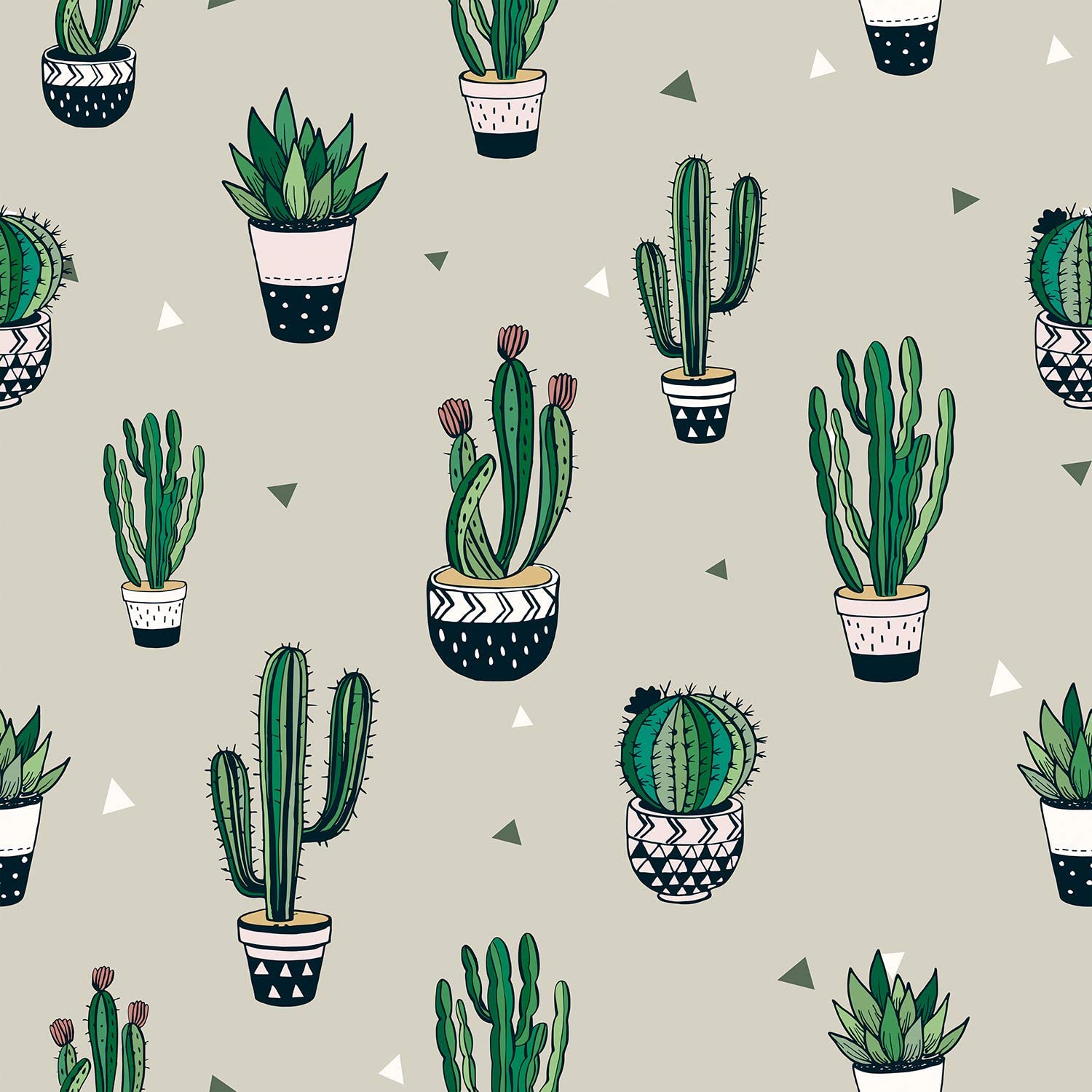 A pattern of cacti in pots on a grey background - Cactus