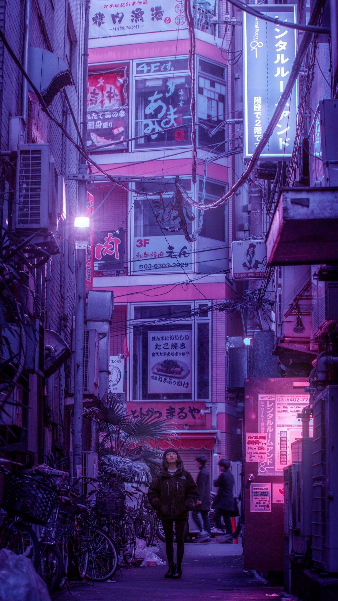 A person walking down an alley way at night - Lo fi, anime city