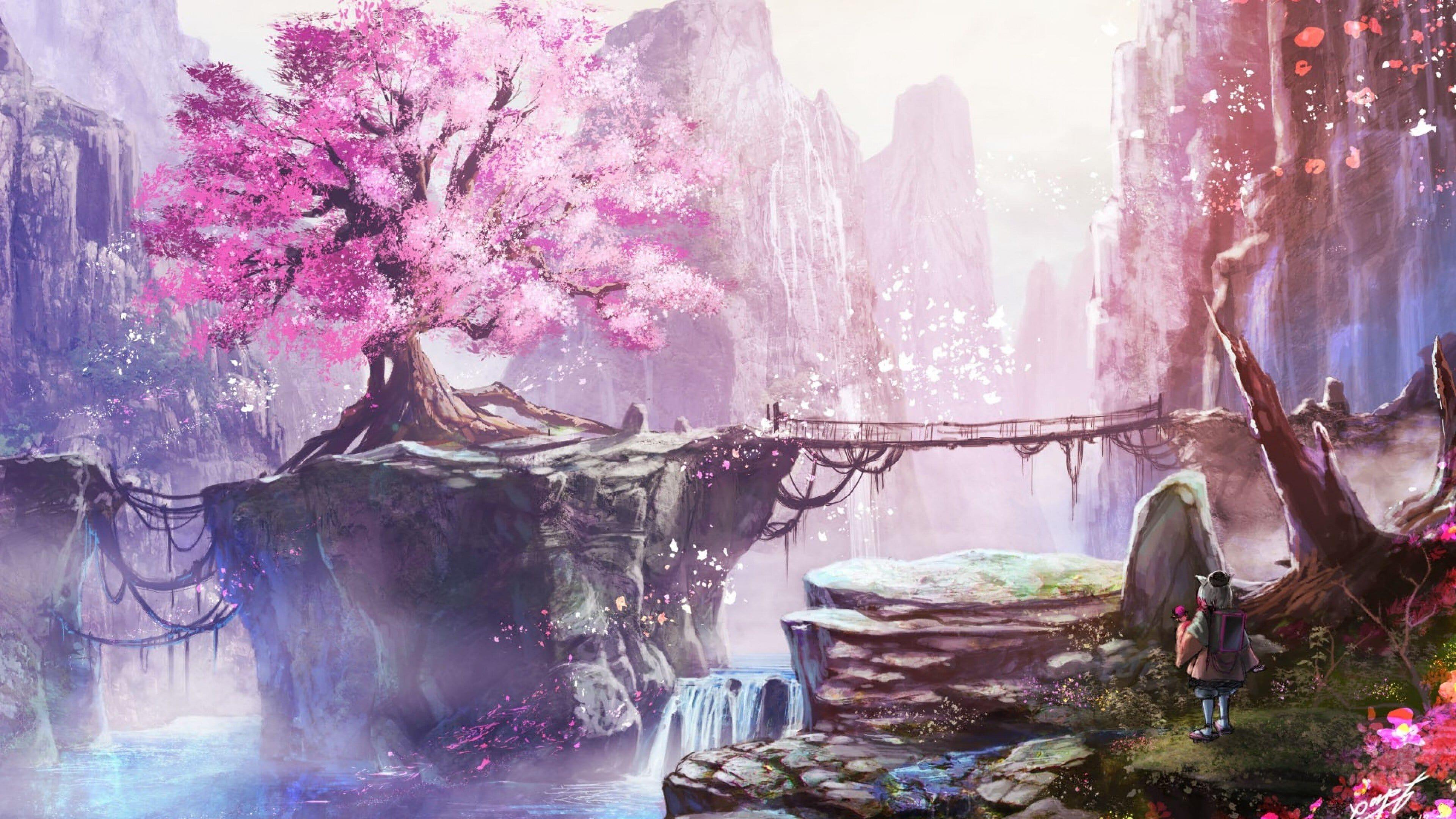 1920x1200 anime, fantasy, girl, tree, bridge, water, rocks, mountains, flowers, petals, pink, full HD, 2K, 16:9, 16:10, 5:3, 4:3, wallpaper, background, image, picture - Cherry blossom, anime landscape