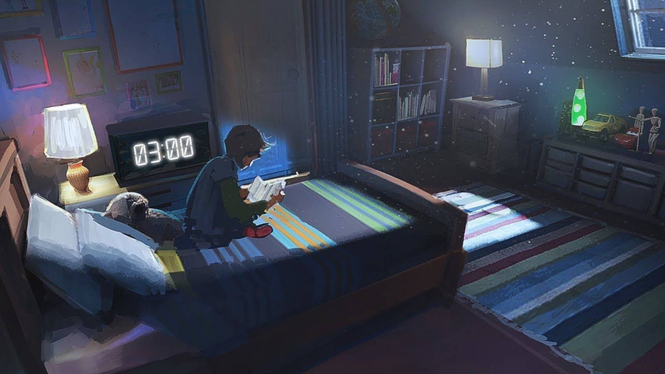 A boy is sitting on his bed reading a book at 3am. - Lo fi