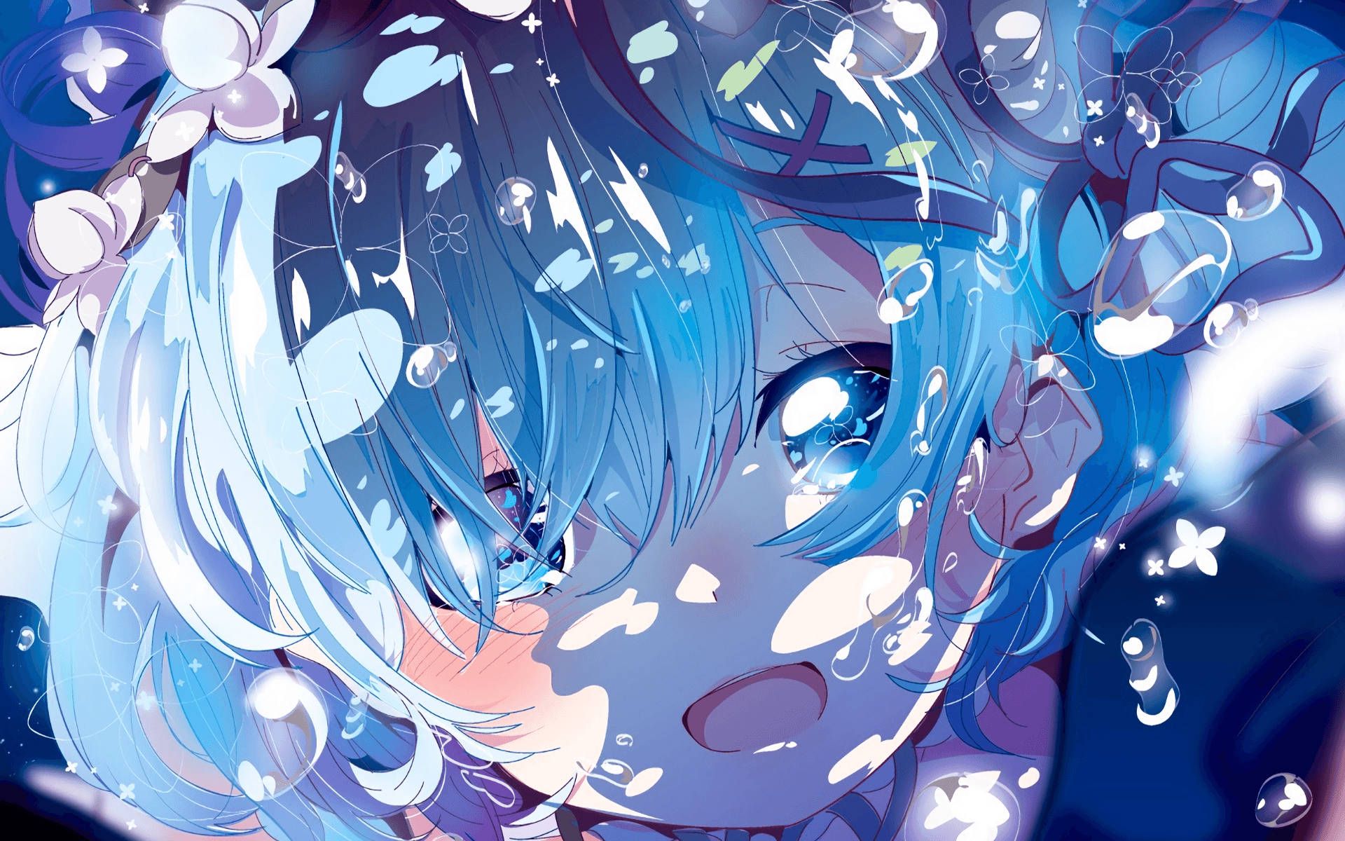 Anime girl with blue hair and flowers in her face - Blue anime