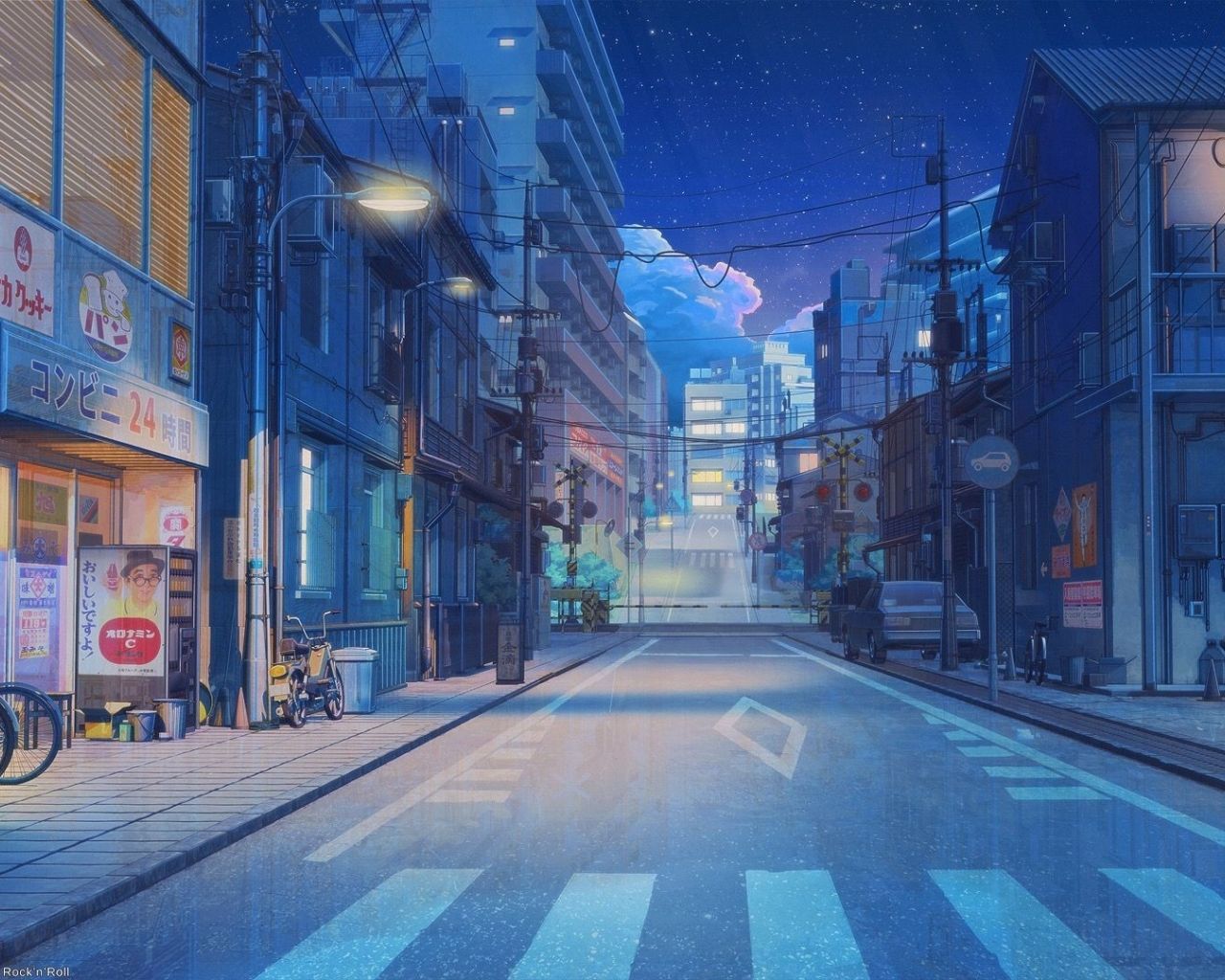 An anime style image of a street at night - Blue anime