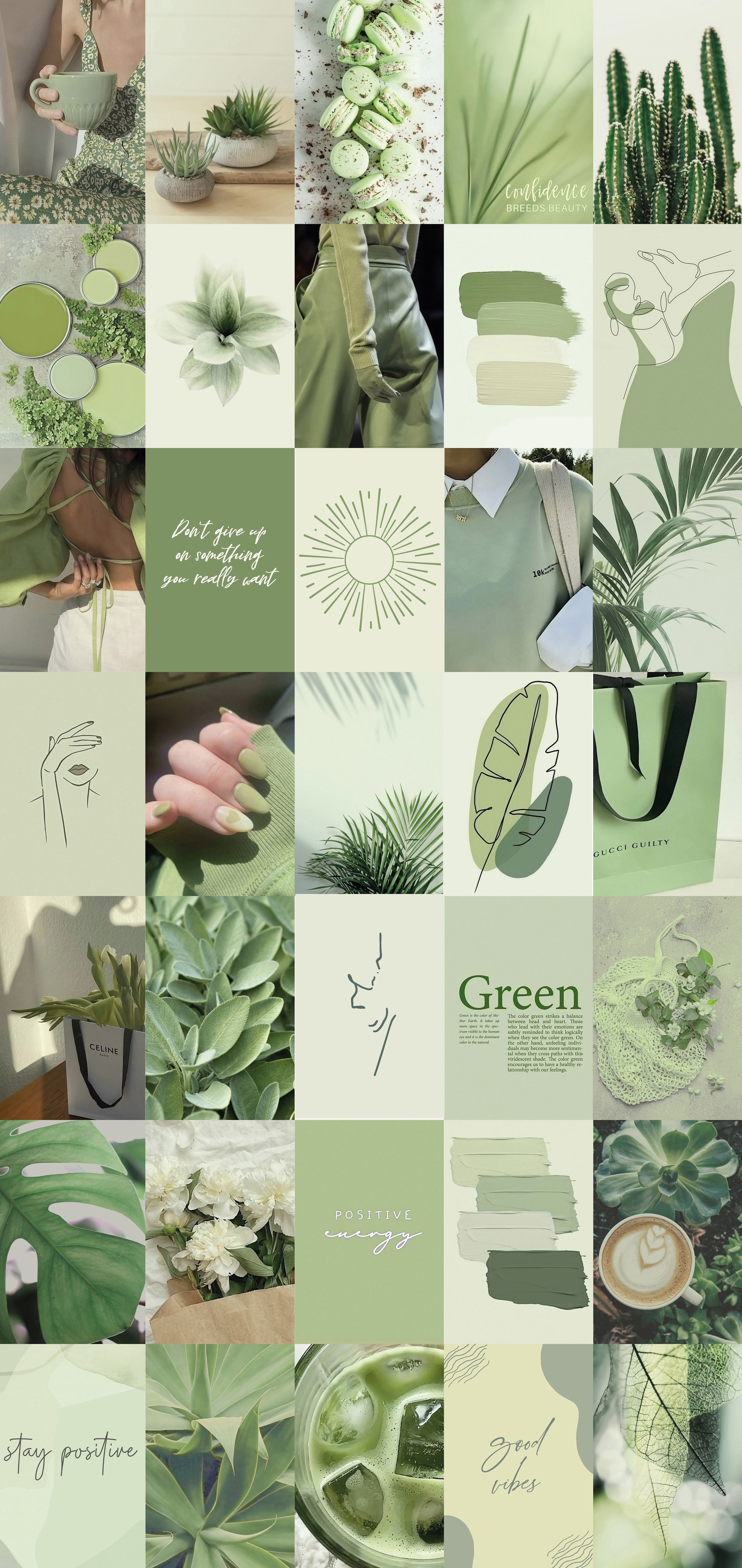 A collage of 30 photos in shades of green, with a mix of plants, food, and motivational quotes. - Soft green