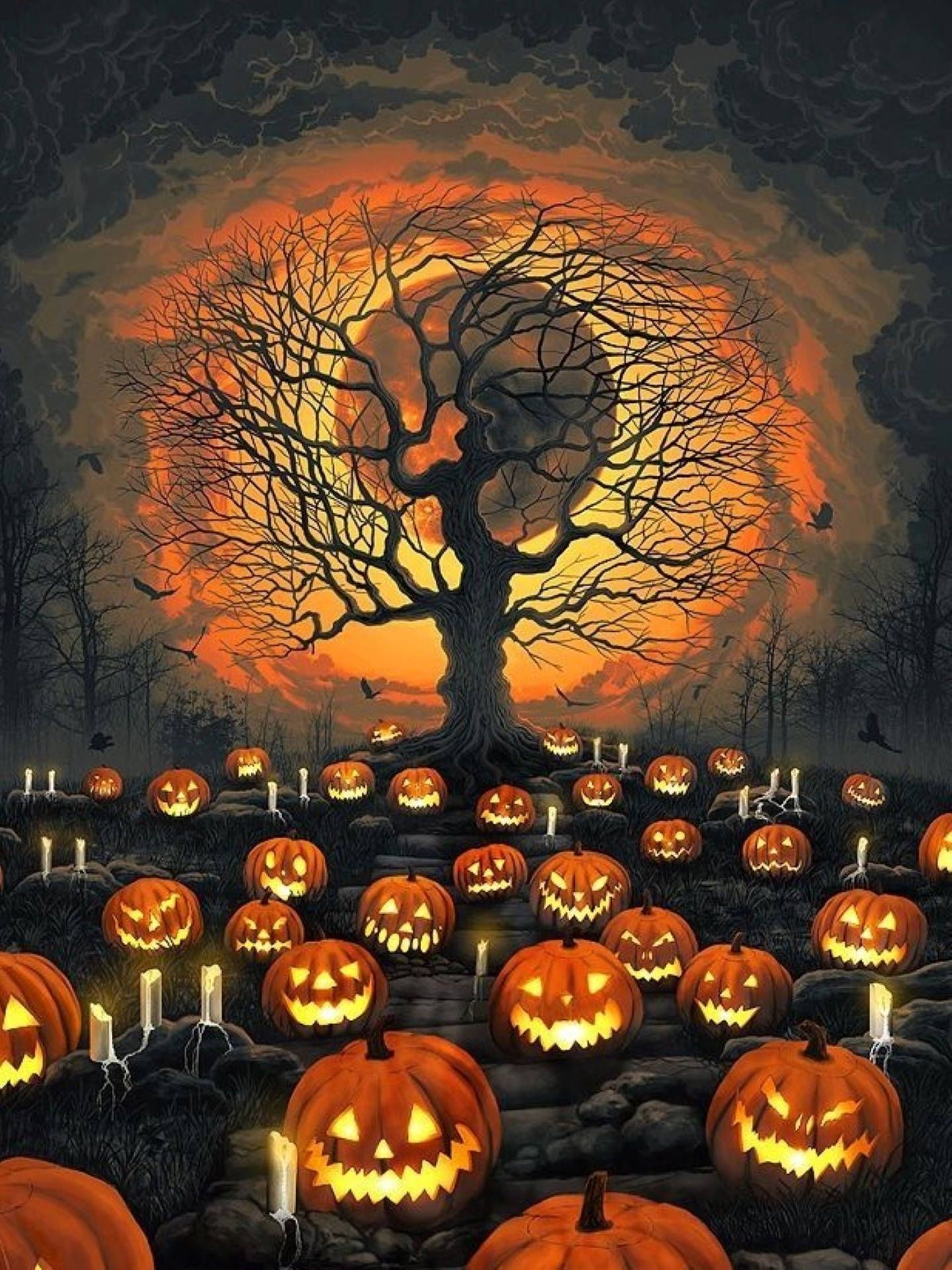 Halloween pumpkins with candles in front of a tree. - Halloween, dark orange