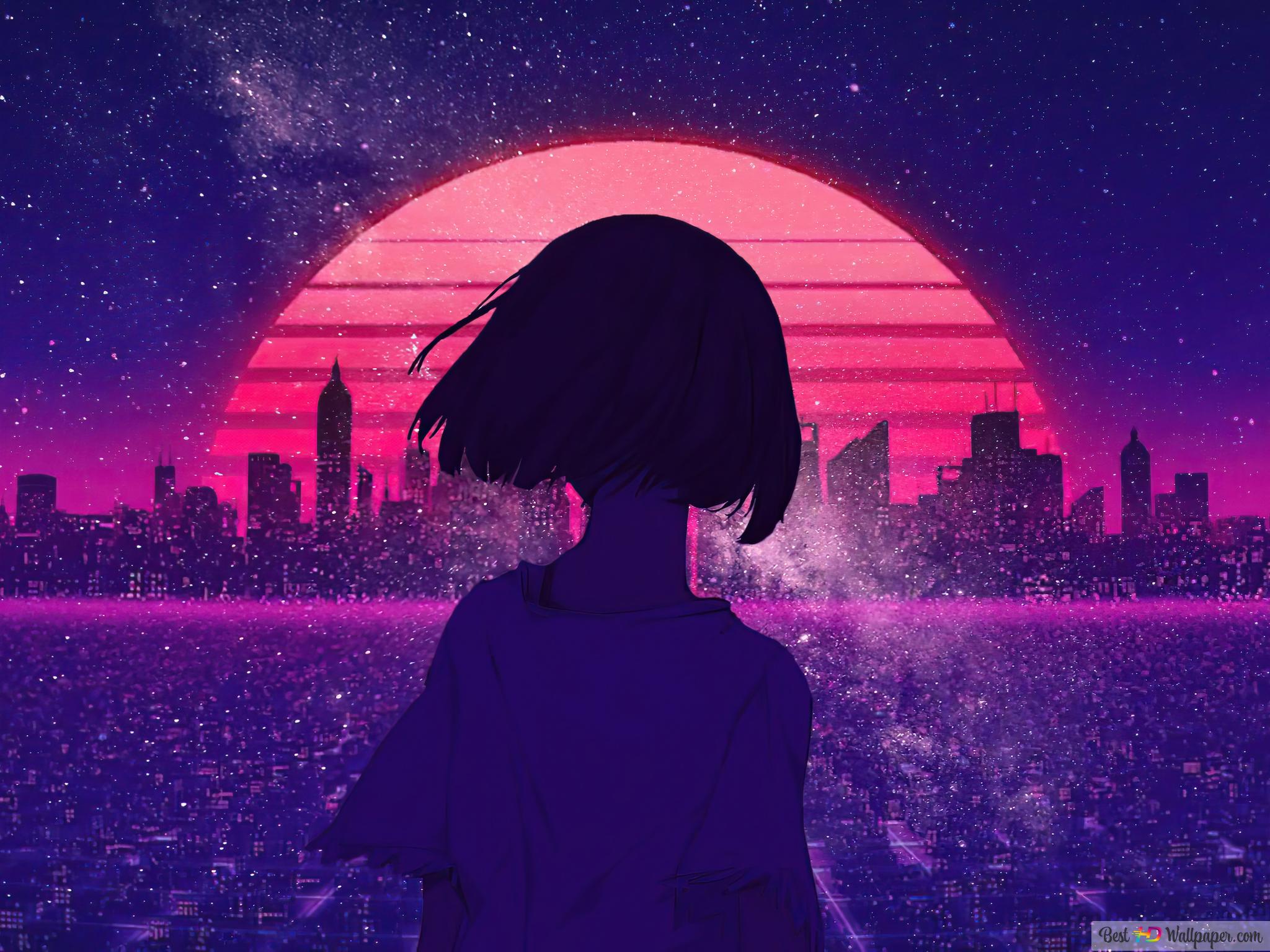 Anime girl looking at the city at night wallpaper - Lo fi