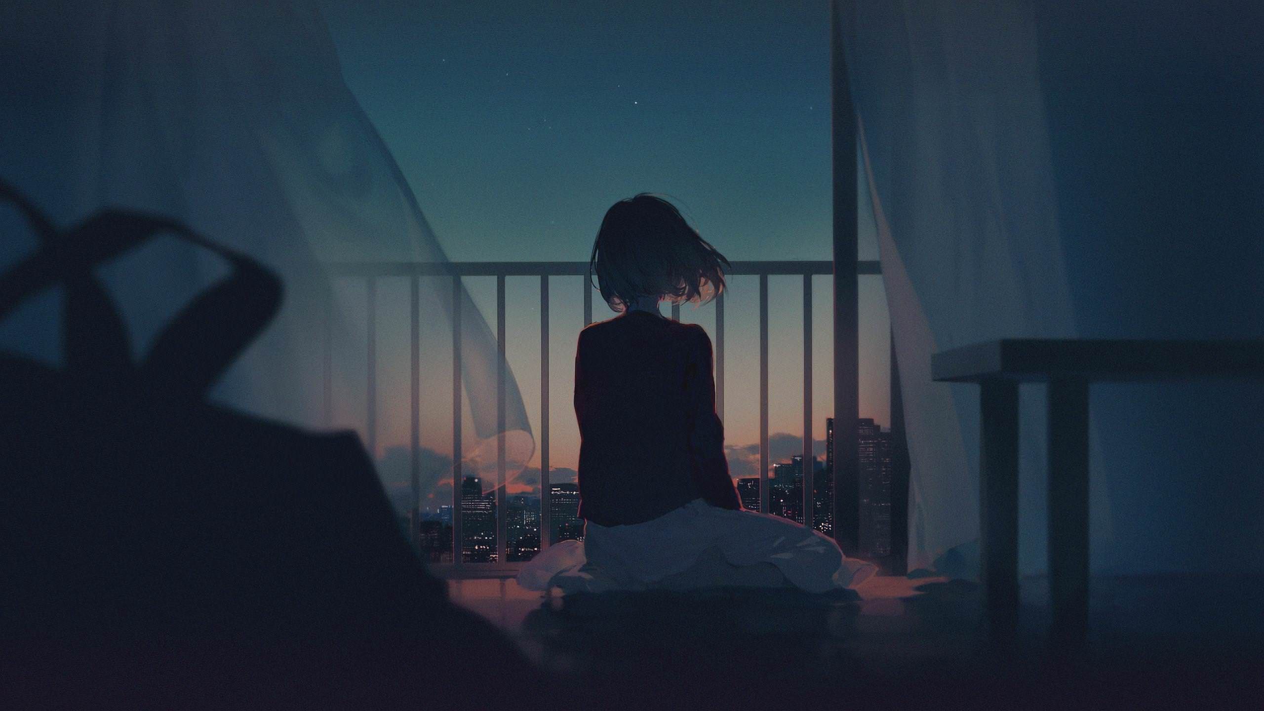 A person sitting on the floor looking out of window - Lo fi, sad