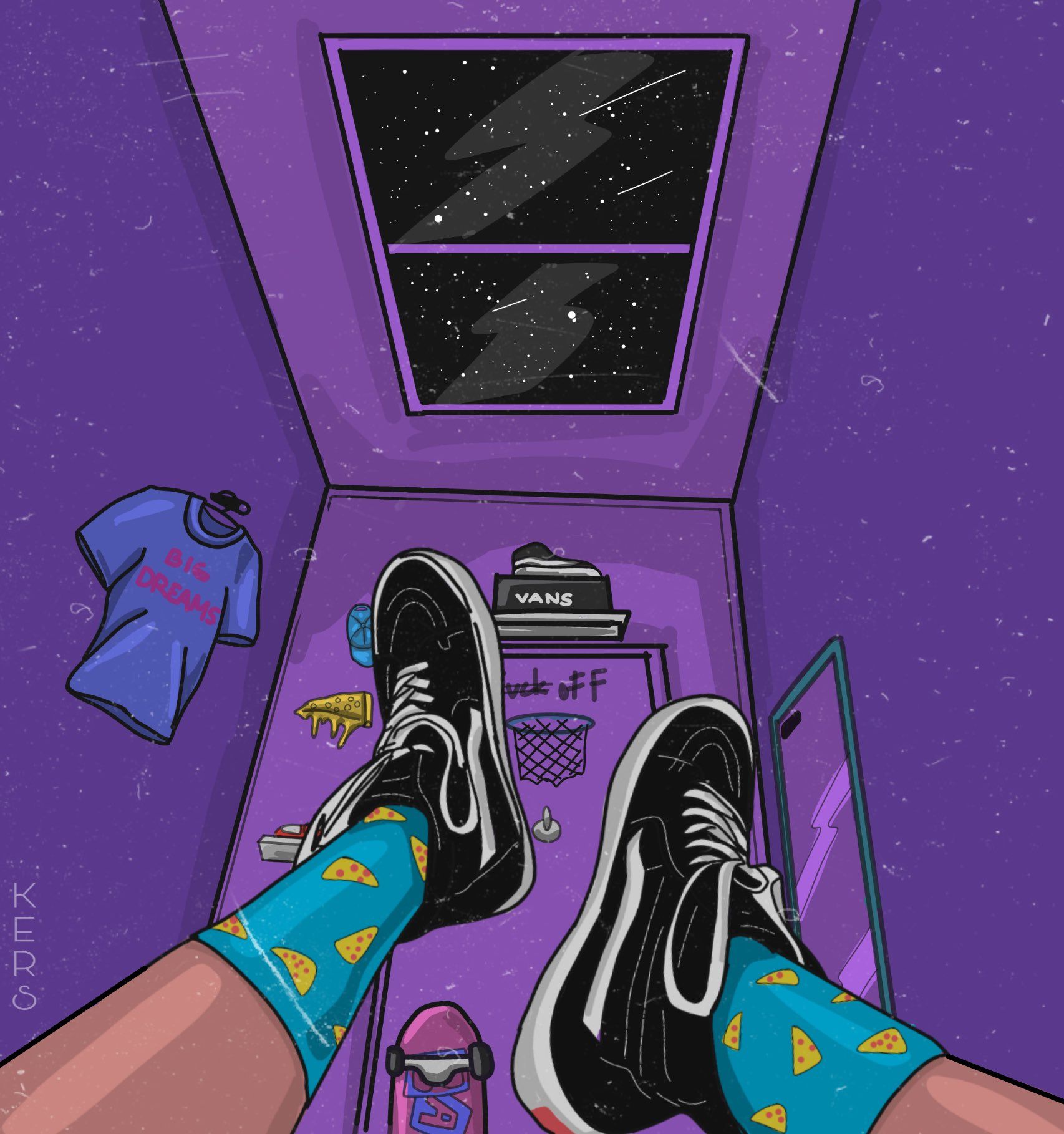 A digital illustration of a person's feet in pizza socks, sitting in a purple room with a galaxy visible through the window - Lo fi