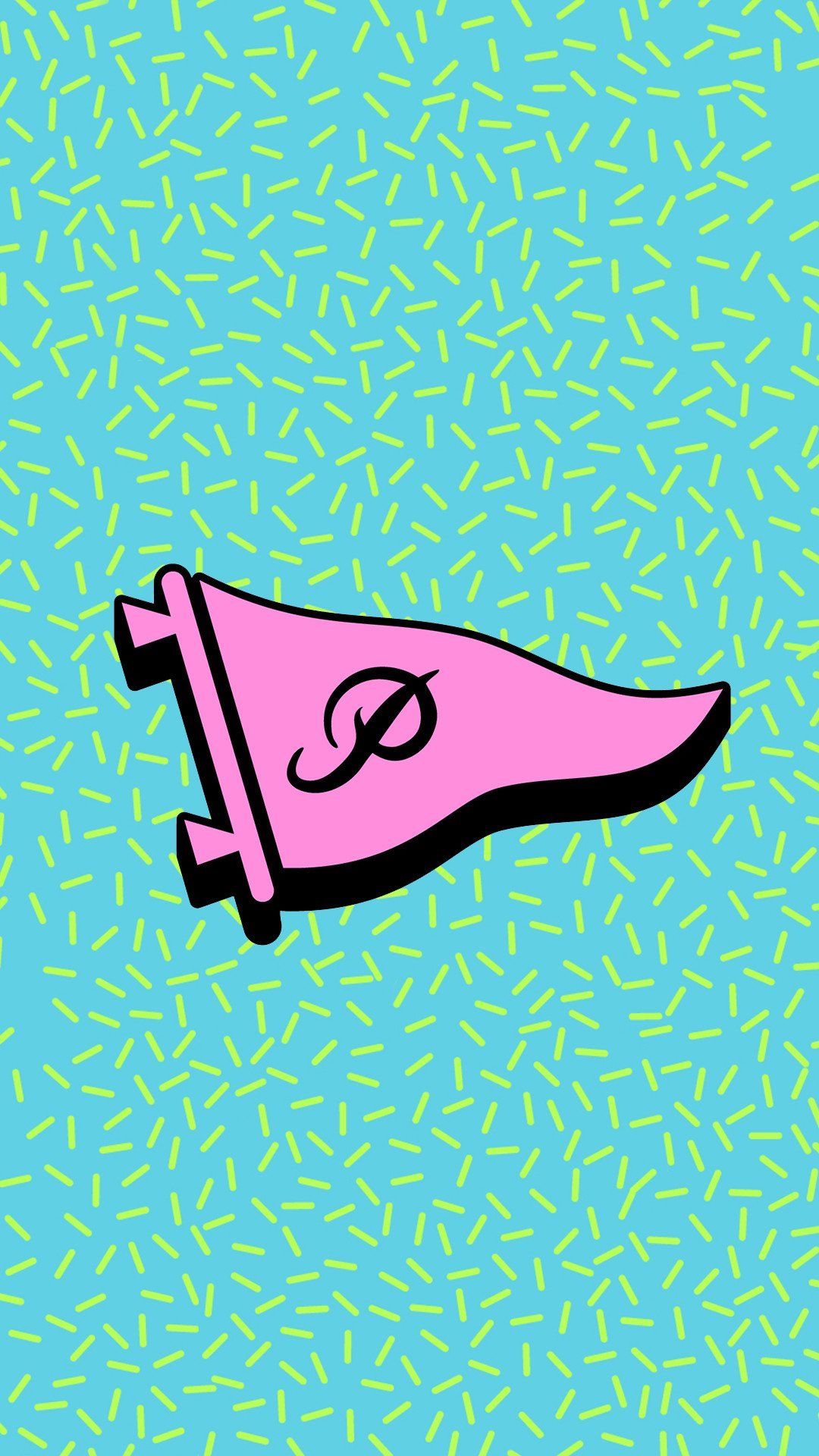 A pink flag with a black outline and a black line with a loop in the middle flies on a blue background with yellow and white sprinkles. - Skate