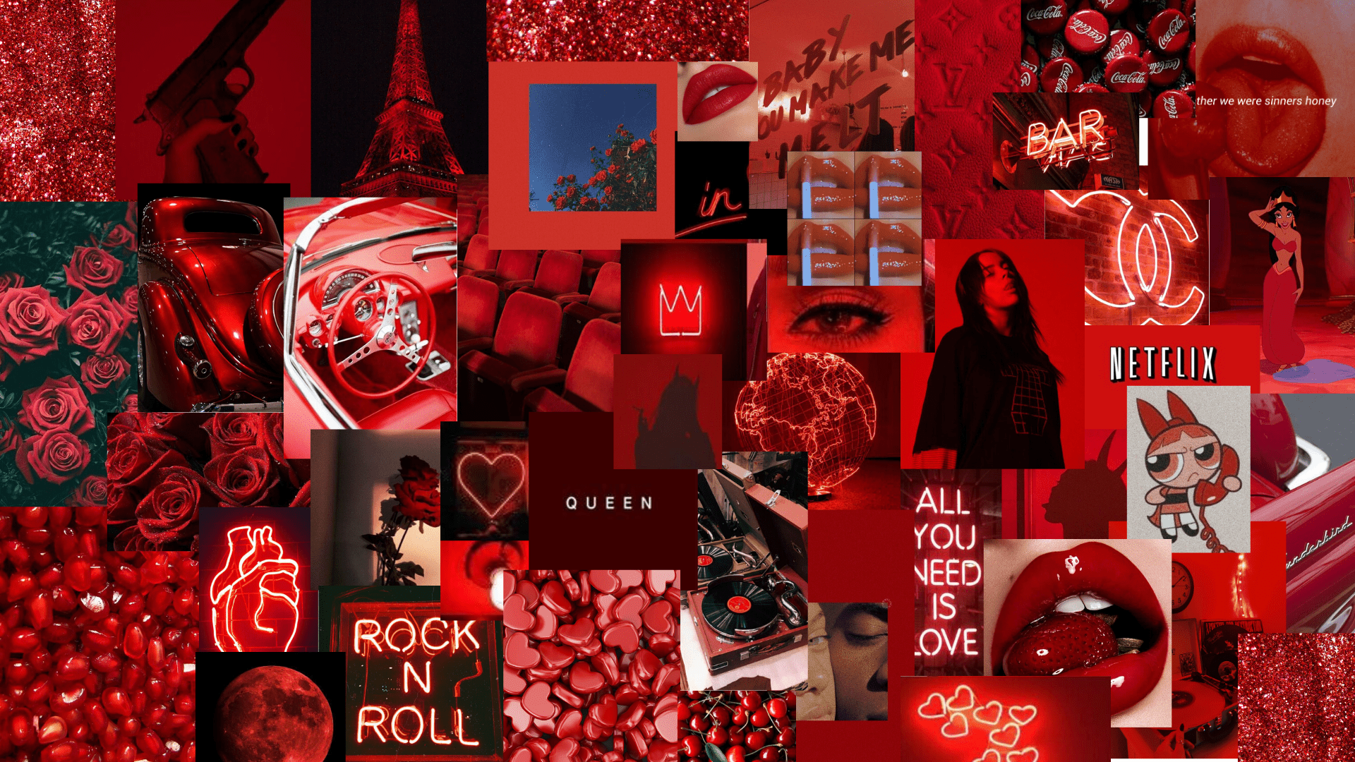 A red aesthetic wallpaper collage with red rose - Netflix, rock