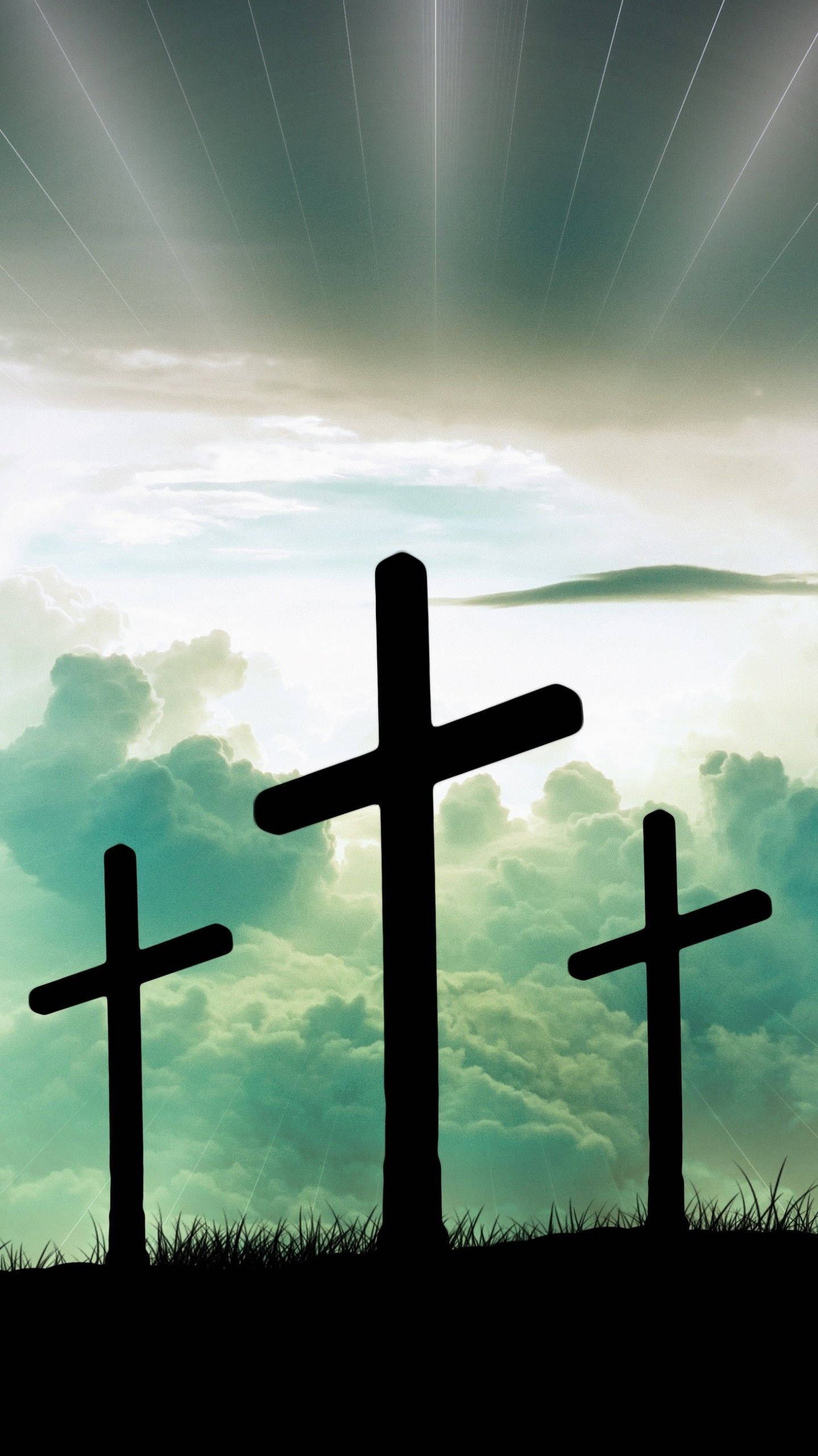 Three crosses on a hill with clouds in the background - Cross