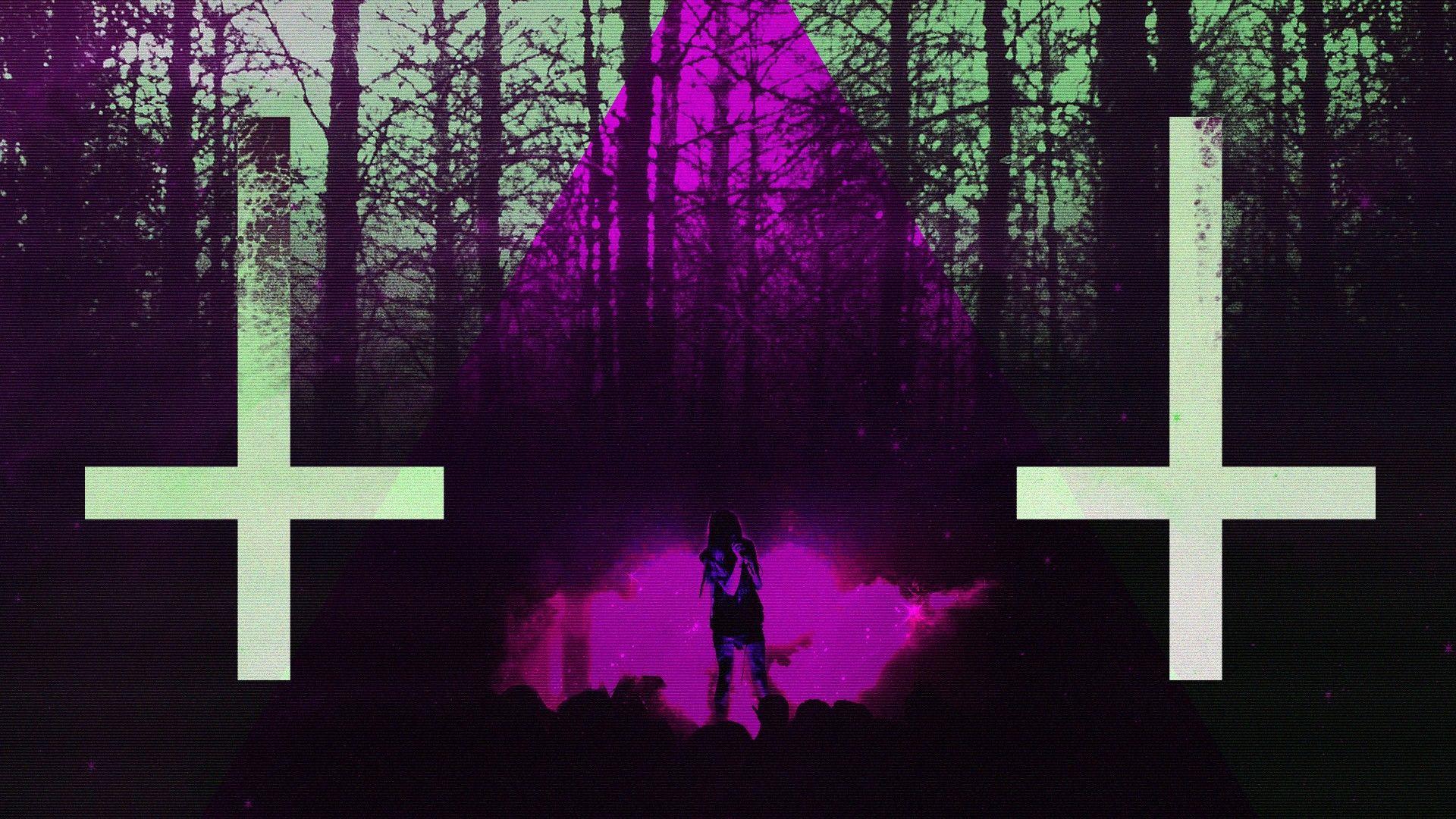 A girl in a forest with inverted crosses on each side of her - Cross