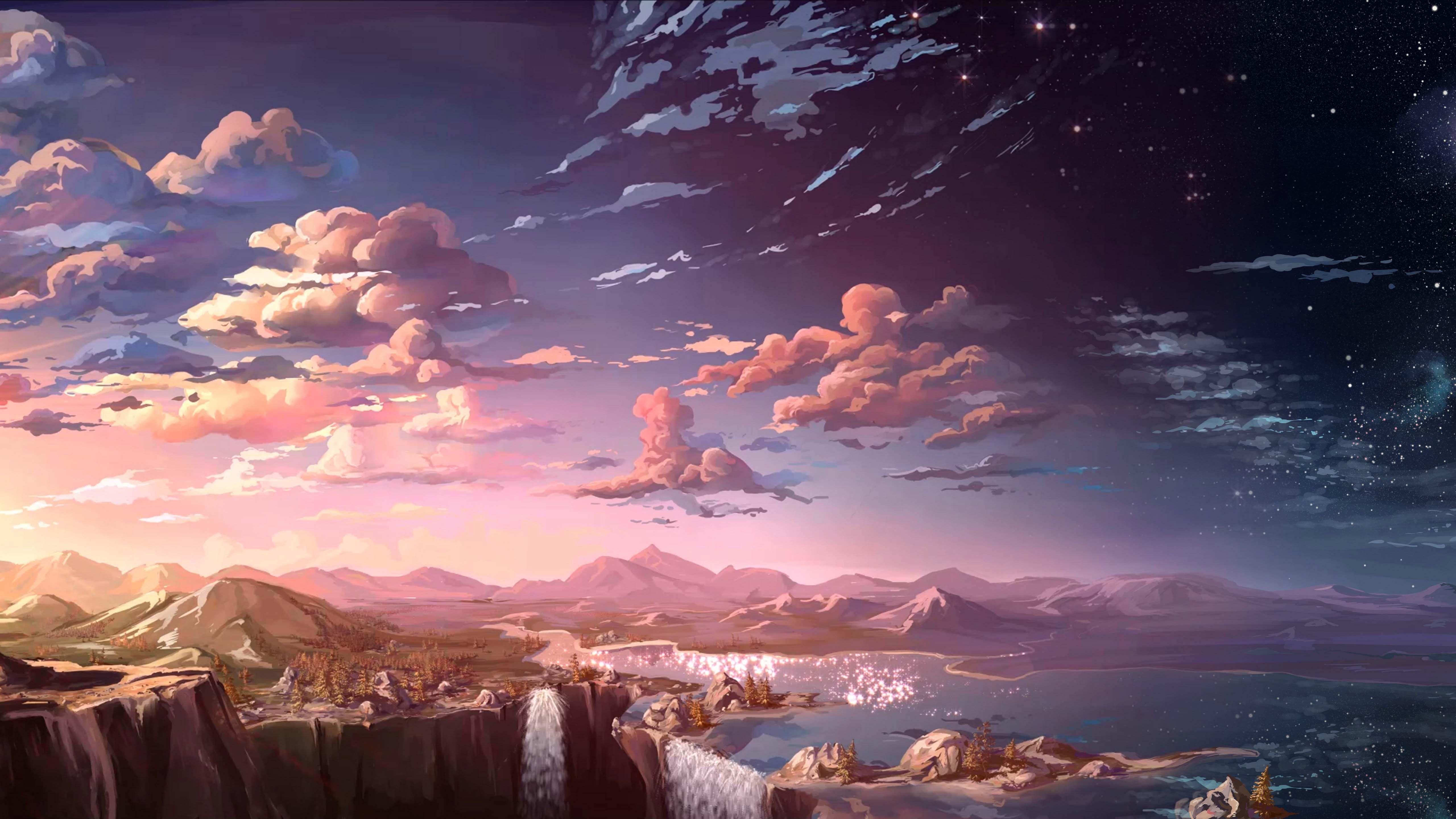 A painting of the sky and mountains with clouds - Calming, landscape, Chromebook, anime landscape, scenery