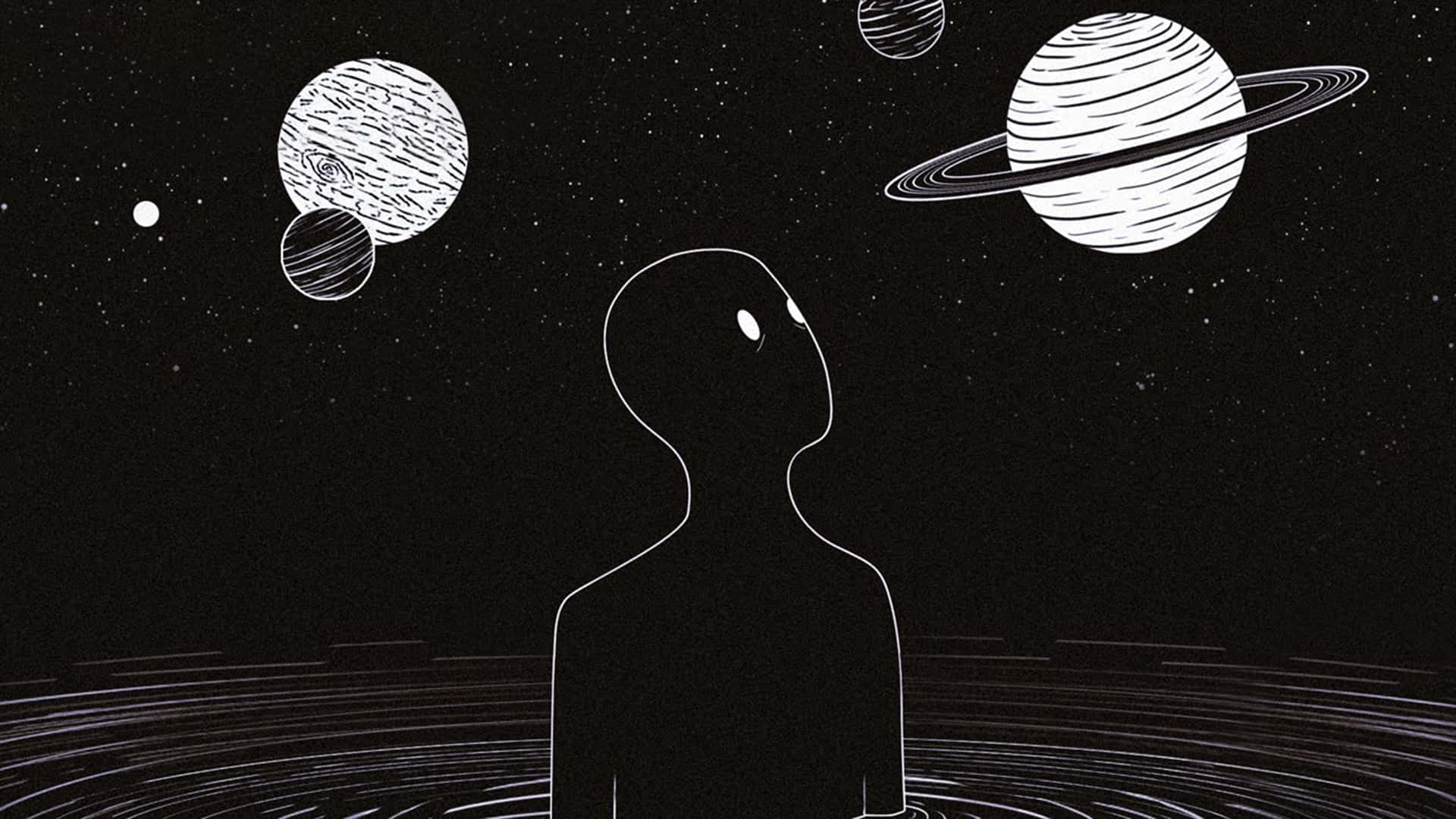 A black and white illustration of a person looking up at the night sky - Calming