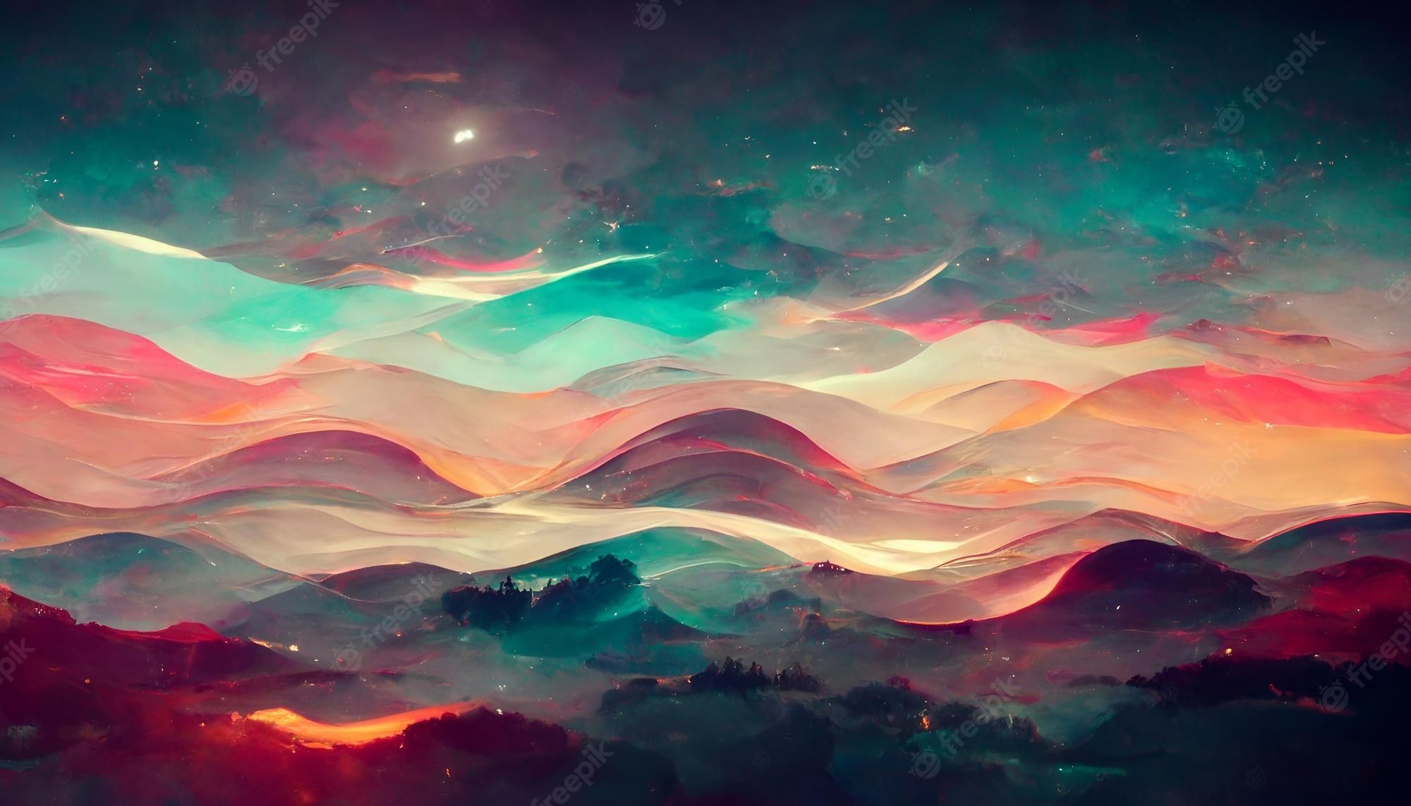 A colorful abstract landscape with mountains and clouds - Calming