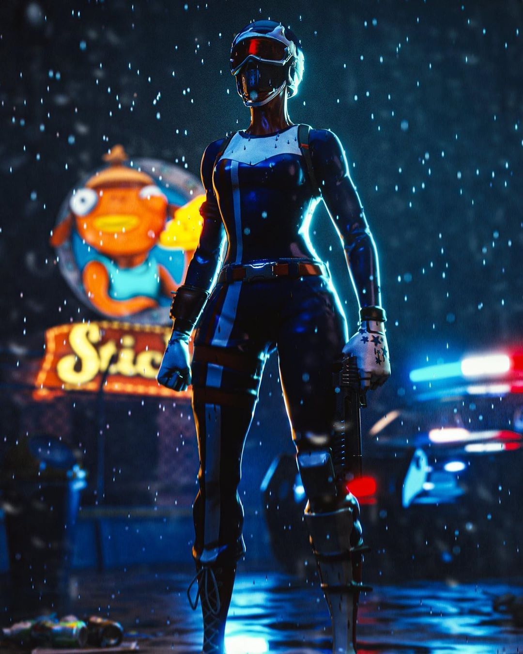 A female cyborg in a neon-lit street - Fortnite