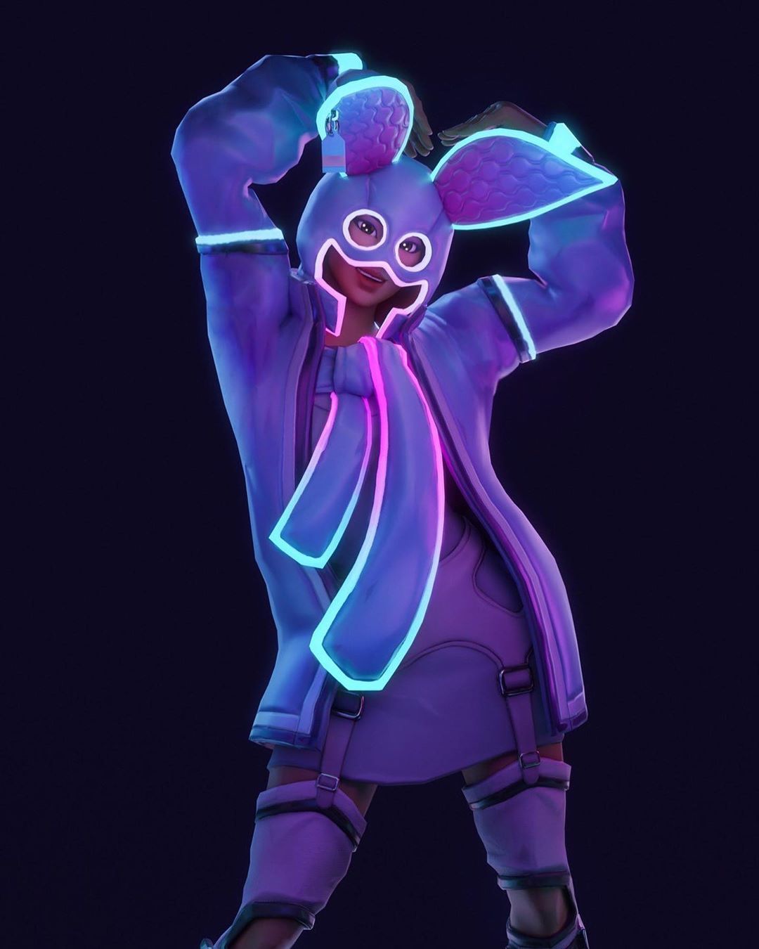 A neon purple and blue outfit on a Fortnite character. - Fortnite