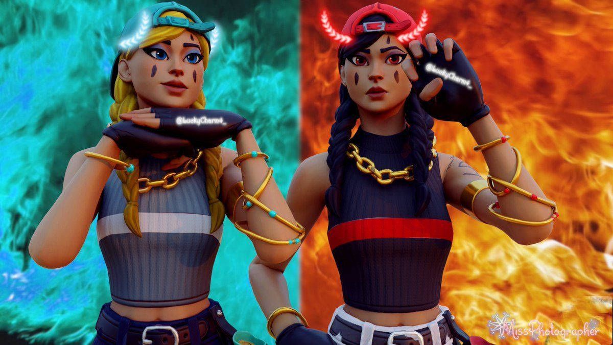 Two girls with different hairstyles and outfits in front of a fire - Fortnite