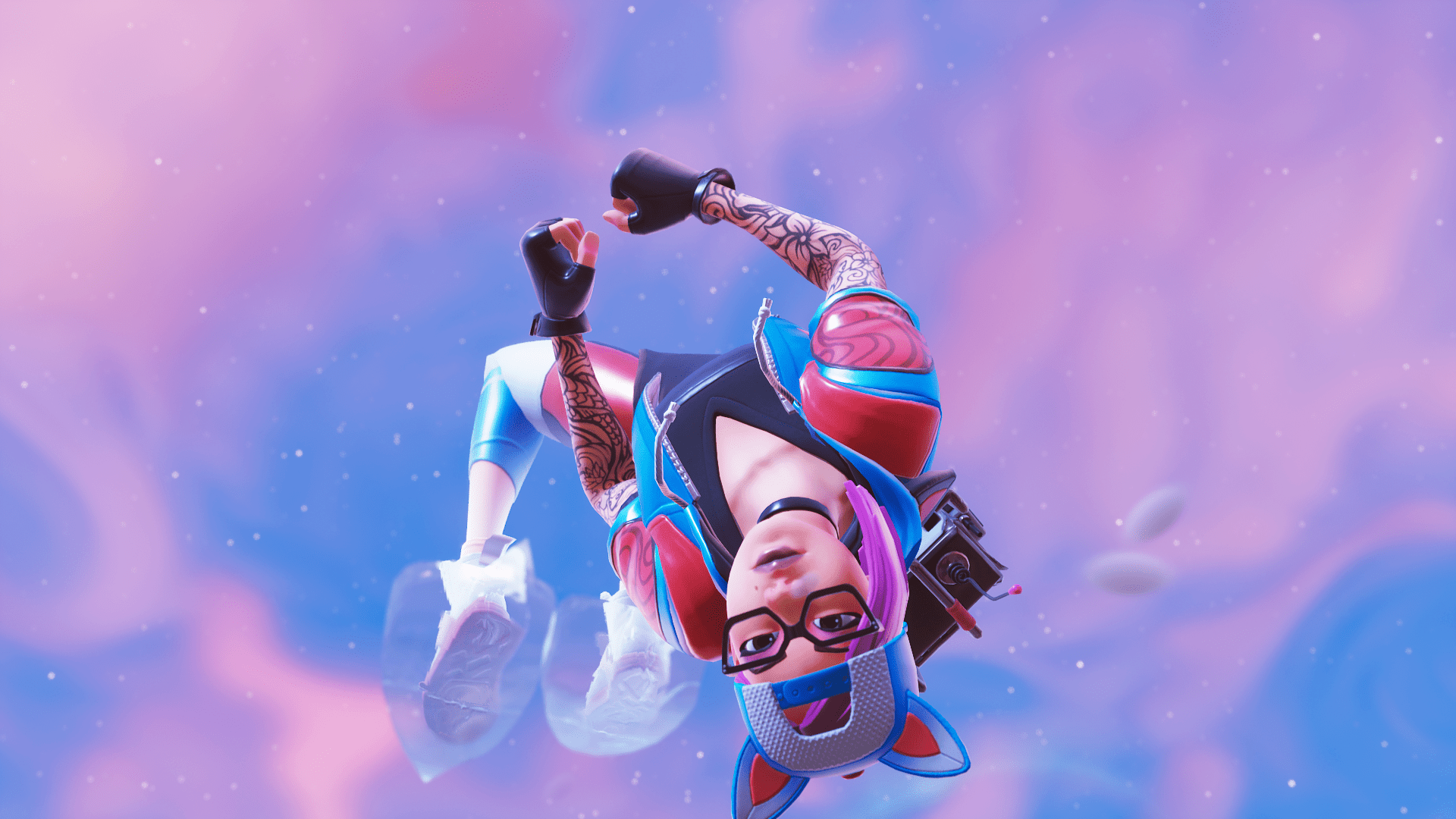A 3D render of a cyberpunk character in a space suit, floating in a pink and blue, starry background - Fortnite