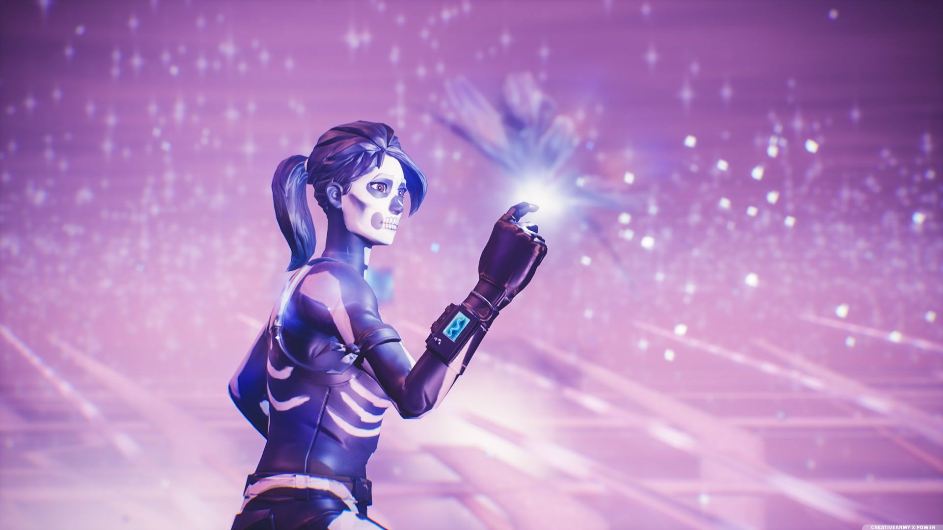 A woman in purple holding up her hand - Fortnite