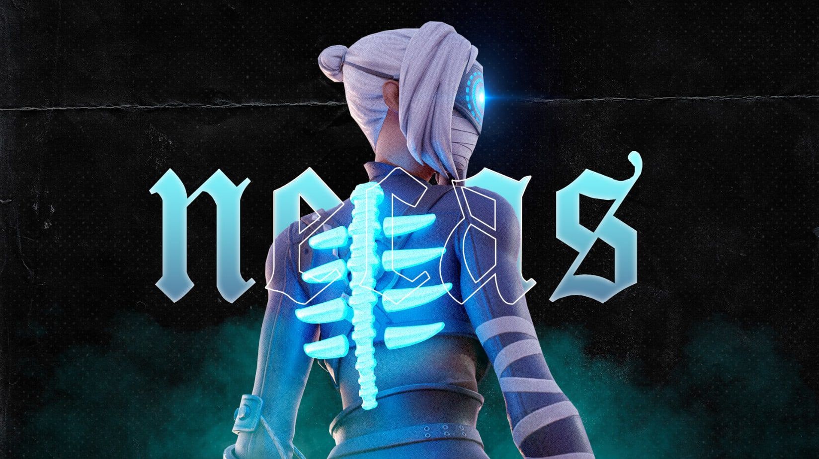 A Fortnite character with glowing blue bones on their back stands in front of the word 'Nemesis'. - Fortnite